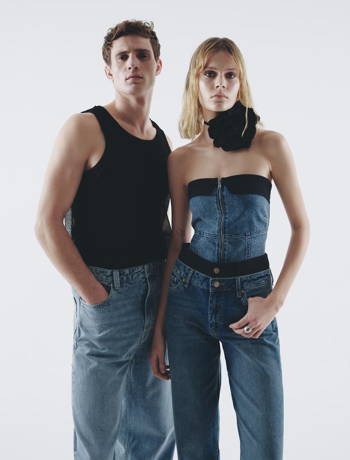  Crop Kot Straplez Üst Korse Görünümlü Renk Kontrastlı Fermuarlı