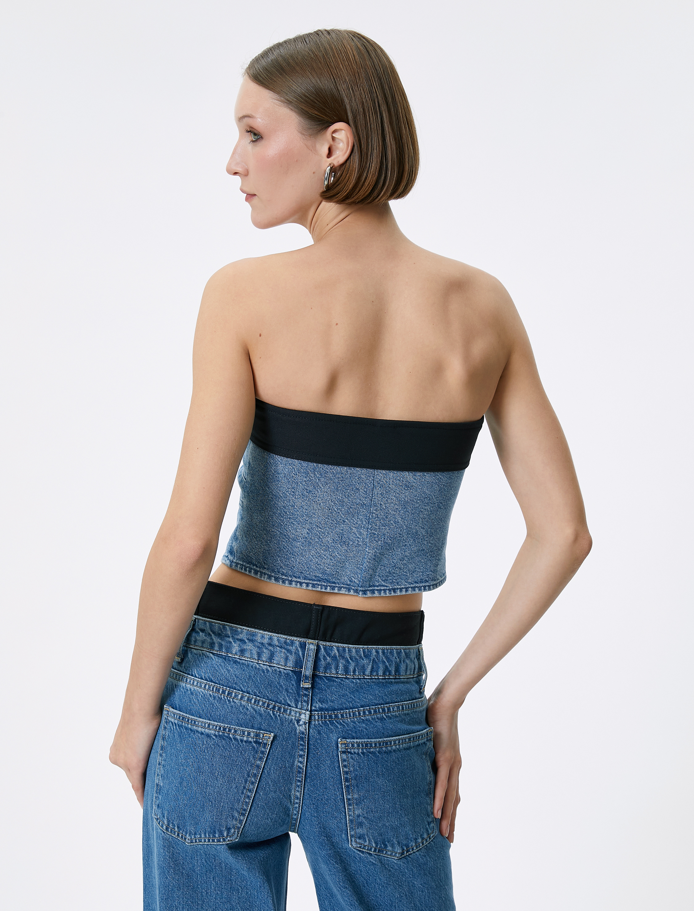   Crop Kot Straplez Üst Korse Görünümlü Renk Kontrastlı Fermuarlı