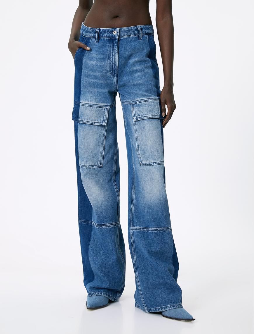   Geniş Paça Kargo Kot Pantolon Yüksek Bel Cepli Çift Renkli - Bianca Wide Leg Jeans