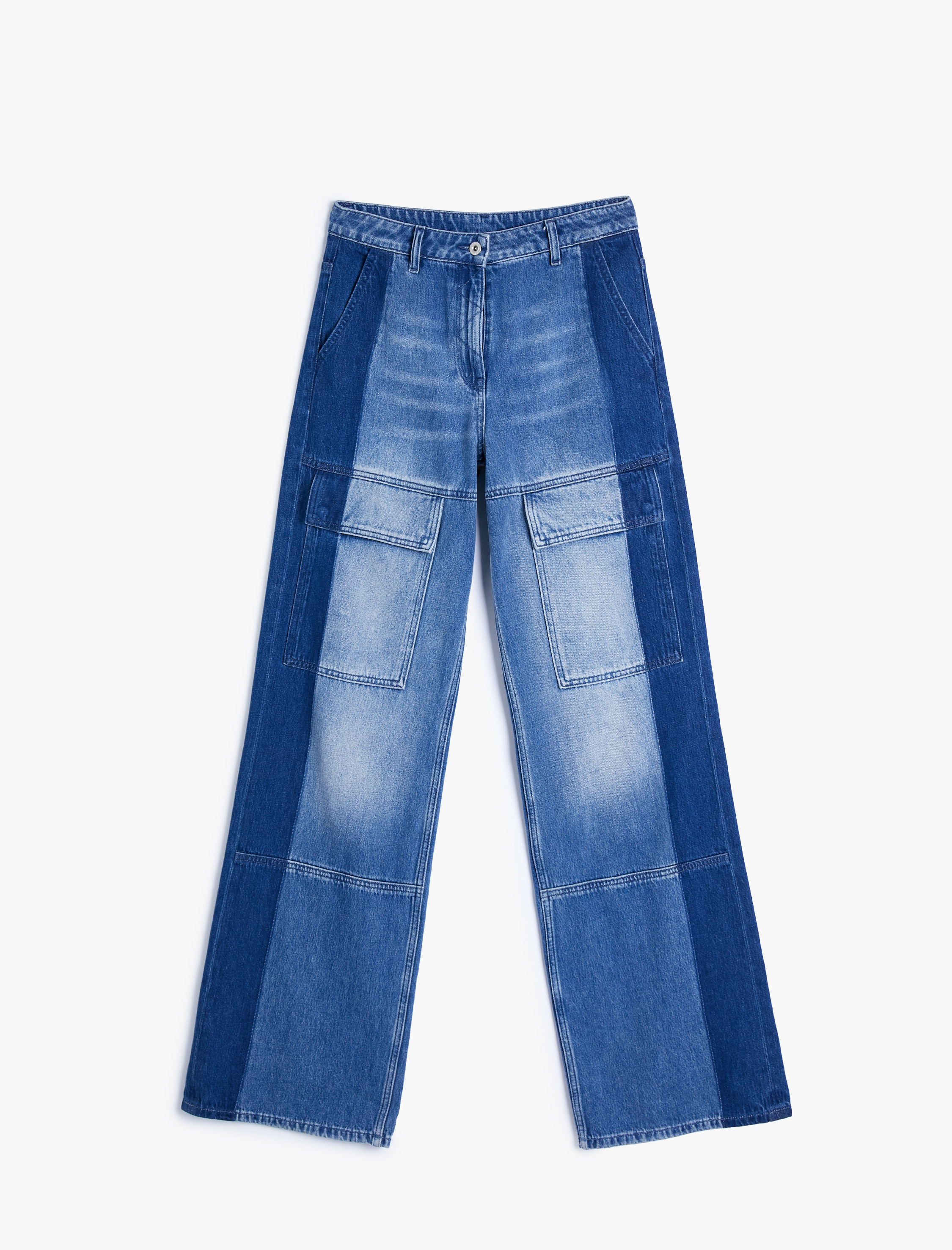   Geniş Paça Kargo Kot Pantolon Yüksek Bel Cepli Çift Renkli - Bianca Wide Leg Jeans