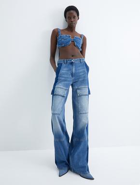 Geniş Paça Kargo Kot Pantolon Yüksek Bel Cepli Çift Renkli - Bianca Wide Leg Jeans_1