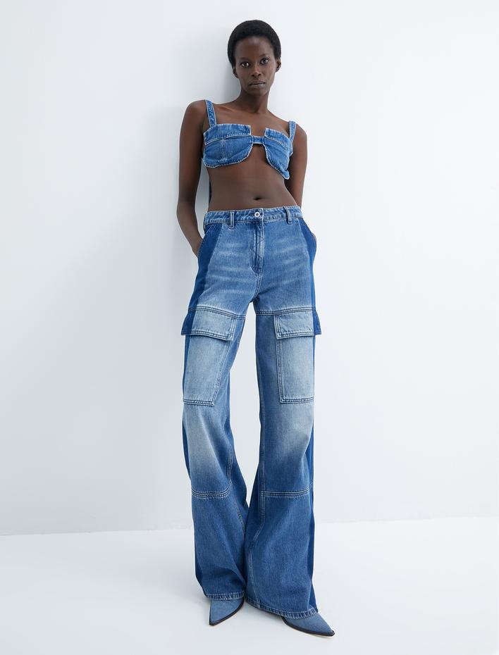  Geniş Paça Kargo Kot Pantolon Yüksek Bel Cepli Çift Renkli - Bianca Wide Leg Jeans