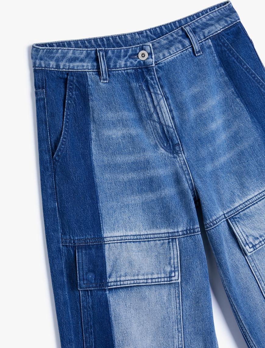   Geniş Paça Kargo Kot Pantolon Yüksek Bel Cepli Çift Renkli - Bianca Wide Leg Jeans