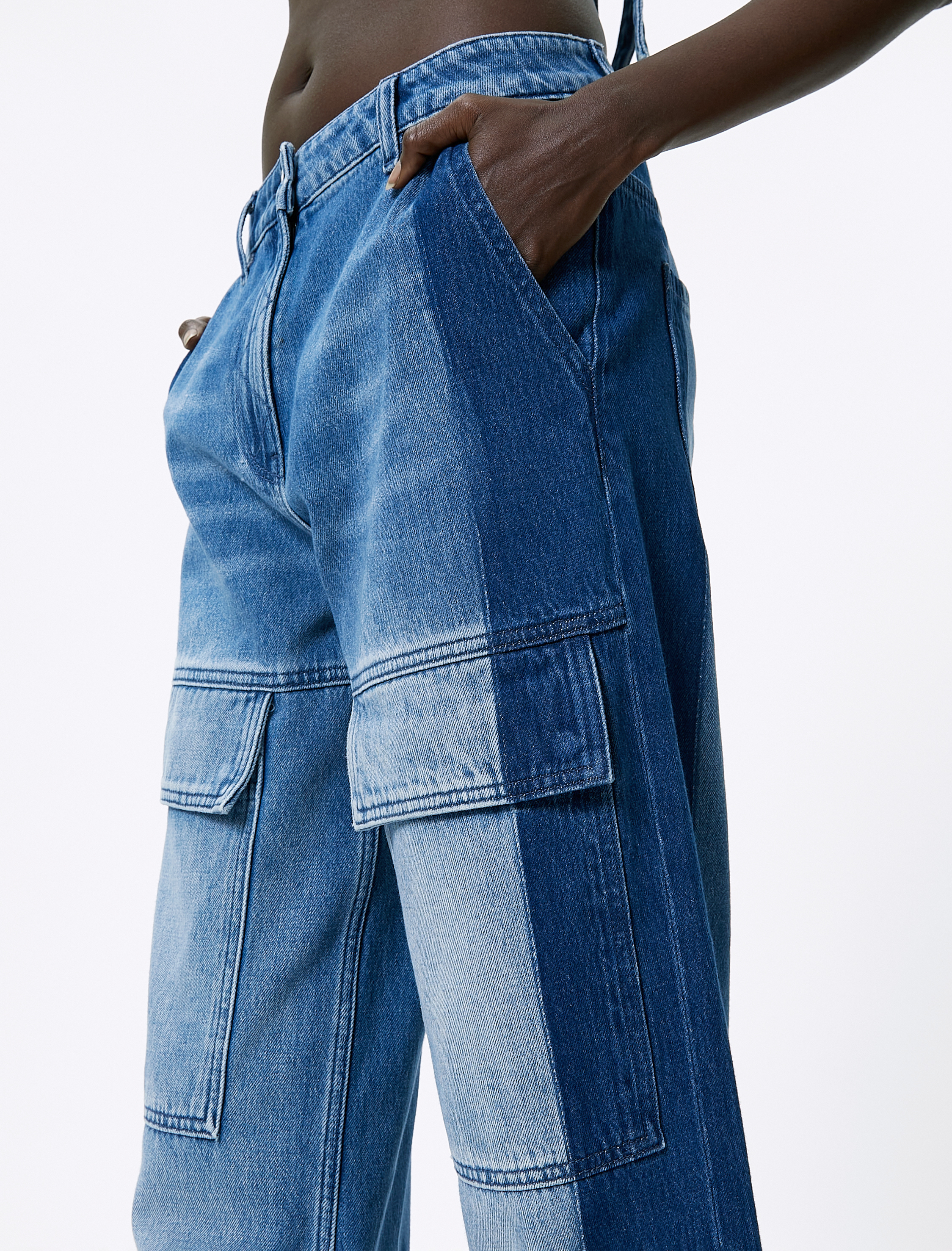   Geniş Paça Kargo Kot Pantolon Yüksek Bel Cepli Çift Renkli - Bianca Wide Leg Jeans