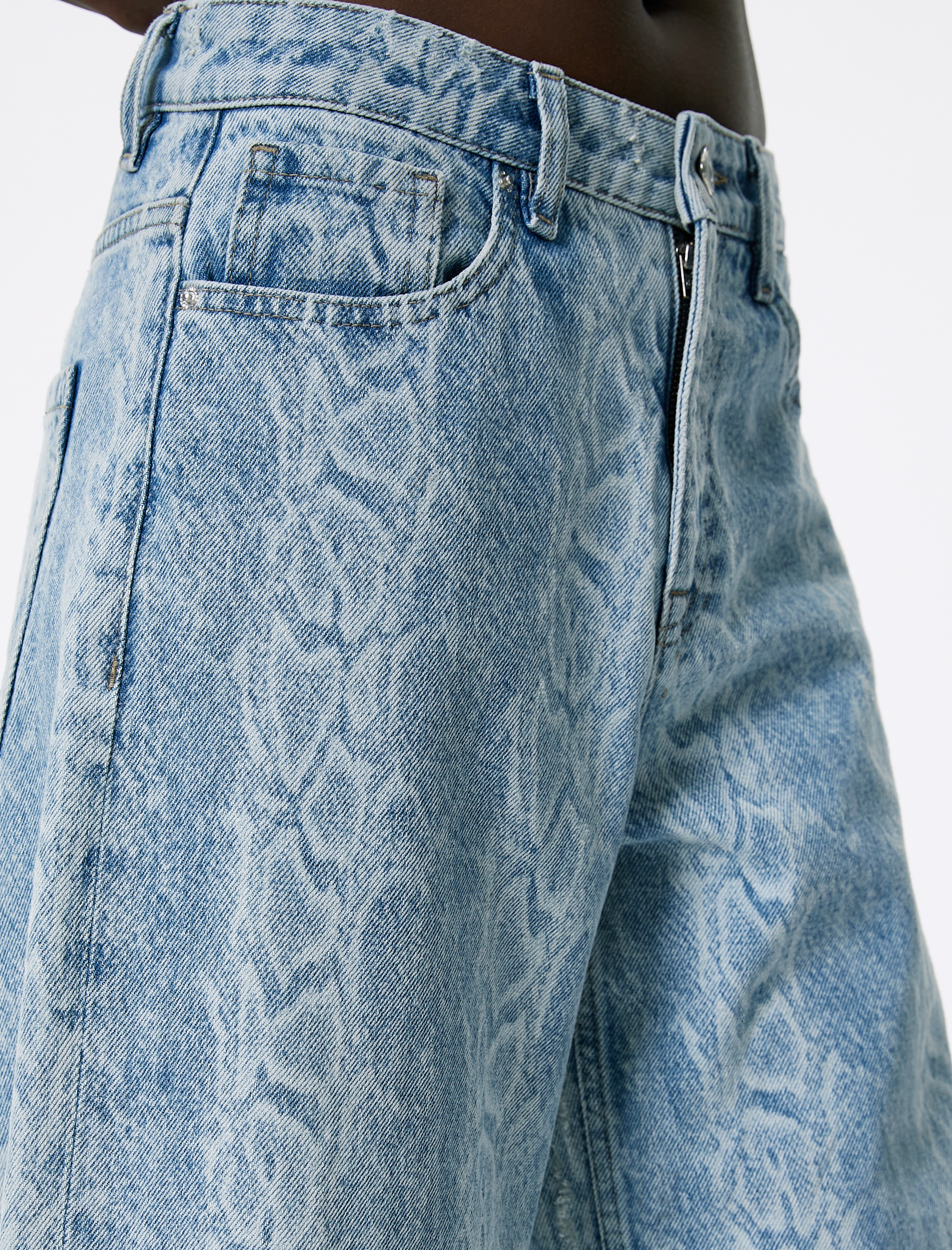   Geniş Paça Kot Pantolon Yılan Lazer Baskılı Yüksek Bel Cepli - Bianca Wide Leg Jeans