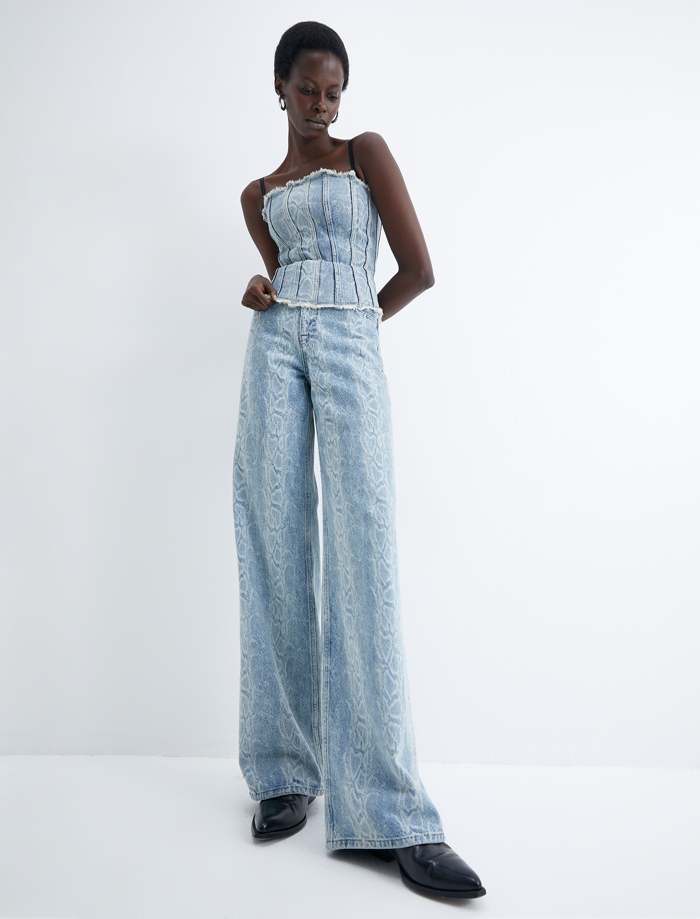   Geniş Paça Kot Pantolon Yılan Lazer Baskılı Yüksek Bel Cepli - Bianca Wide Leg Jeans