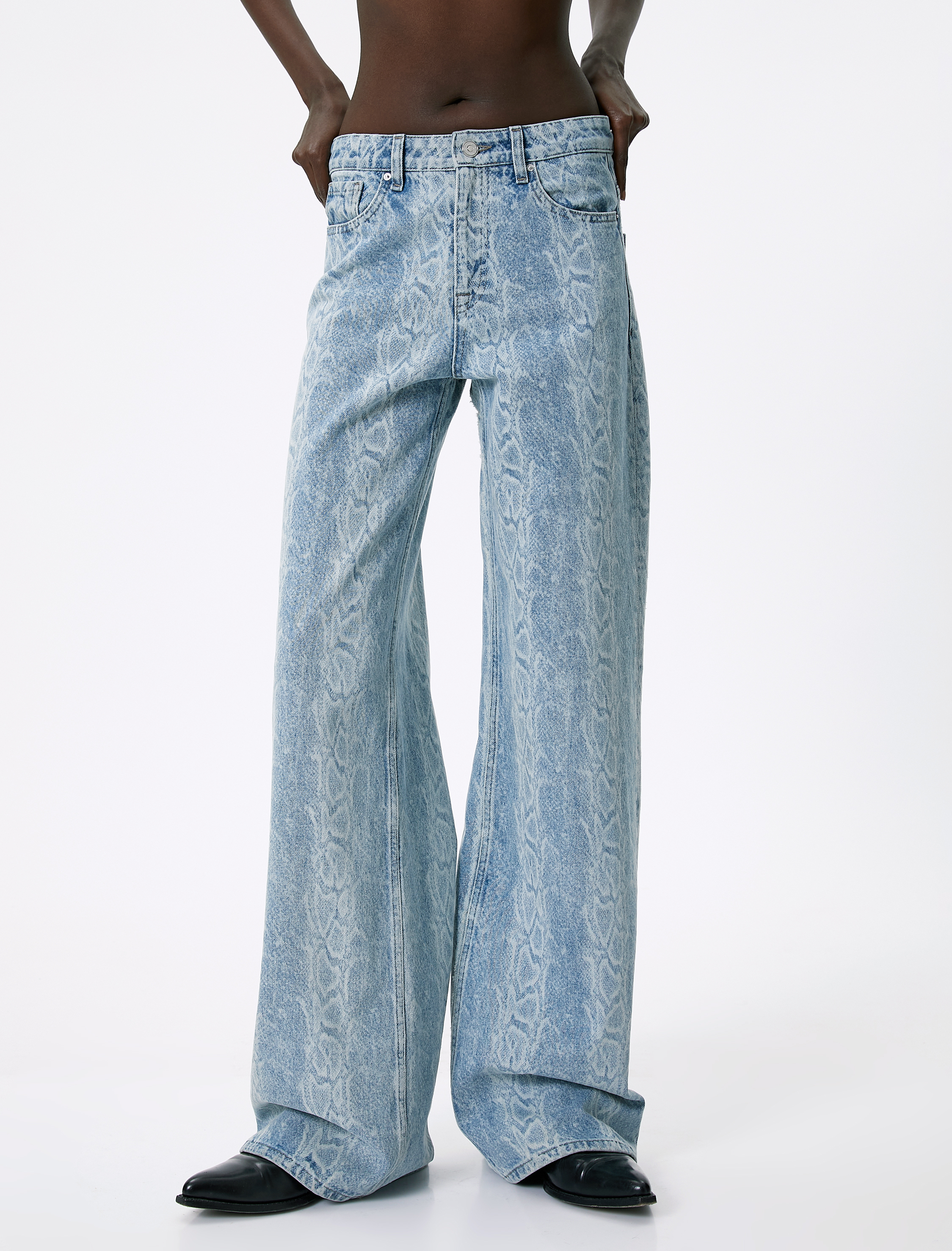   Geniş Paça Kot Pantolon Yılan Lazer Baskılı Yüksek Bel Cepli - Bianca Wide Leg Jeans