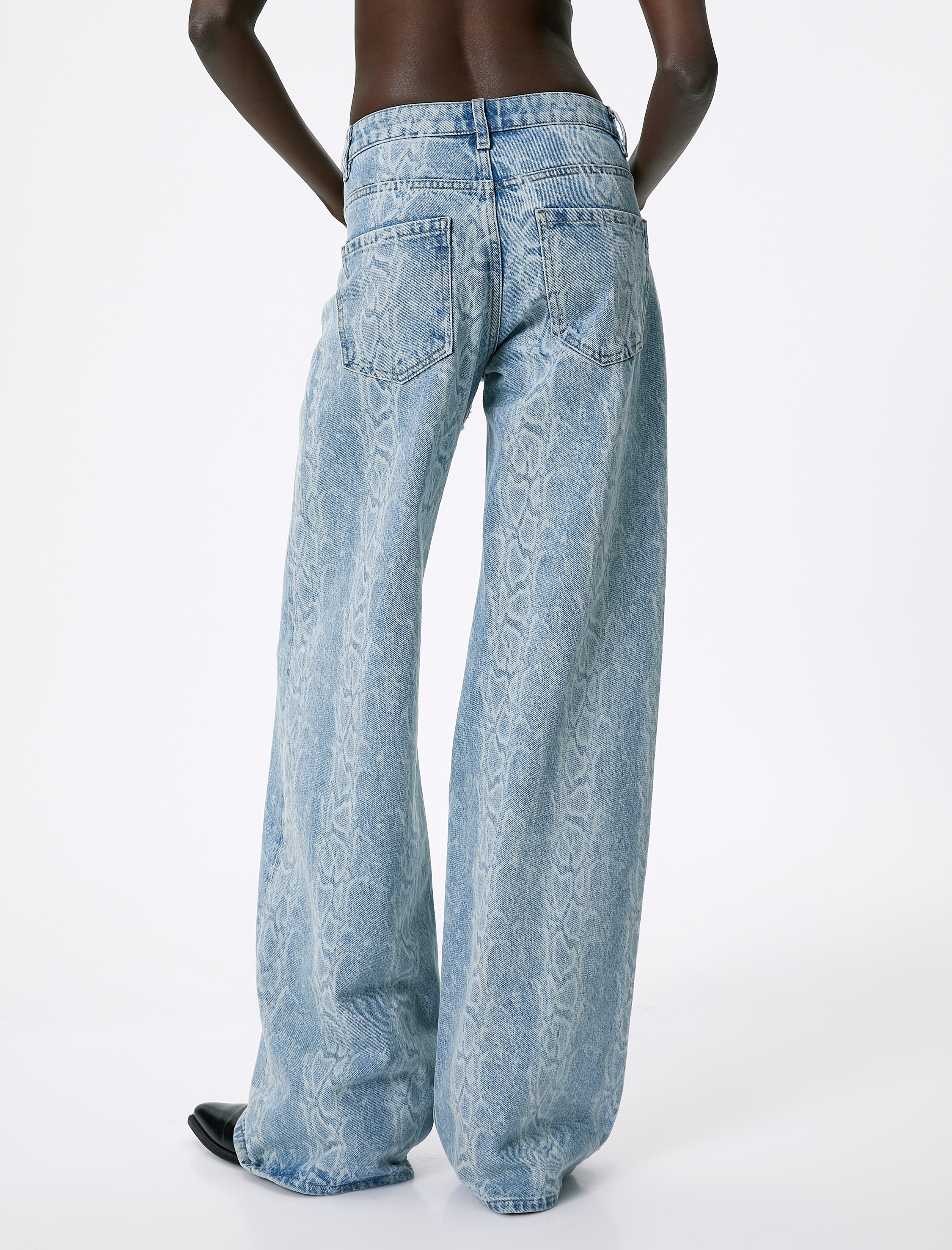   Geniş Paça Kot Pantolon Yılan Lazer Baskılı Yüksek Bel Cepli - Bianca Wide Leg Jeans