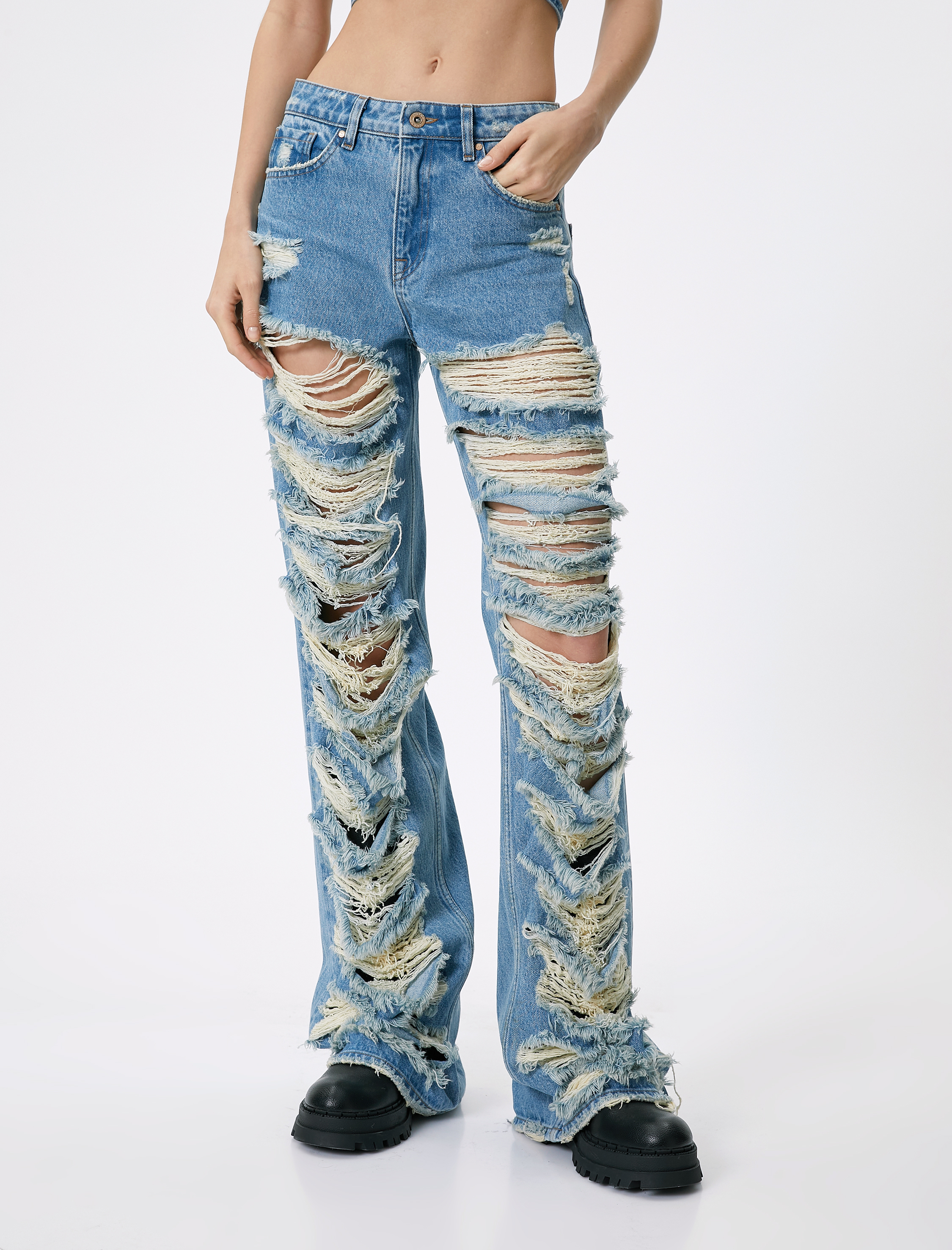   Çok Yıpratmalı Kot Pantolon Düz Paça Cepli Pamuklu - Nora Straight Jeans