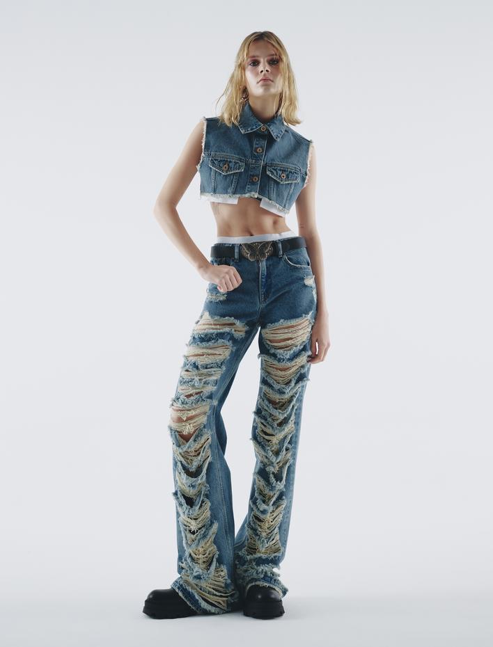  Çok Yıpratmalı Kot Pantolon Düz Paça Cepli Pamuklu - Nora Straight Jeans