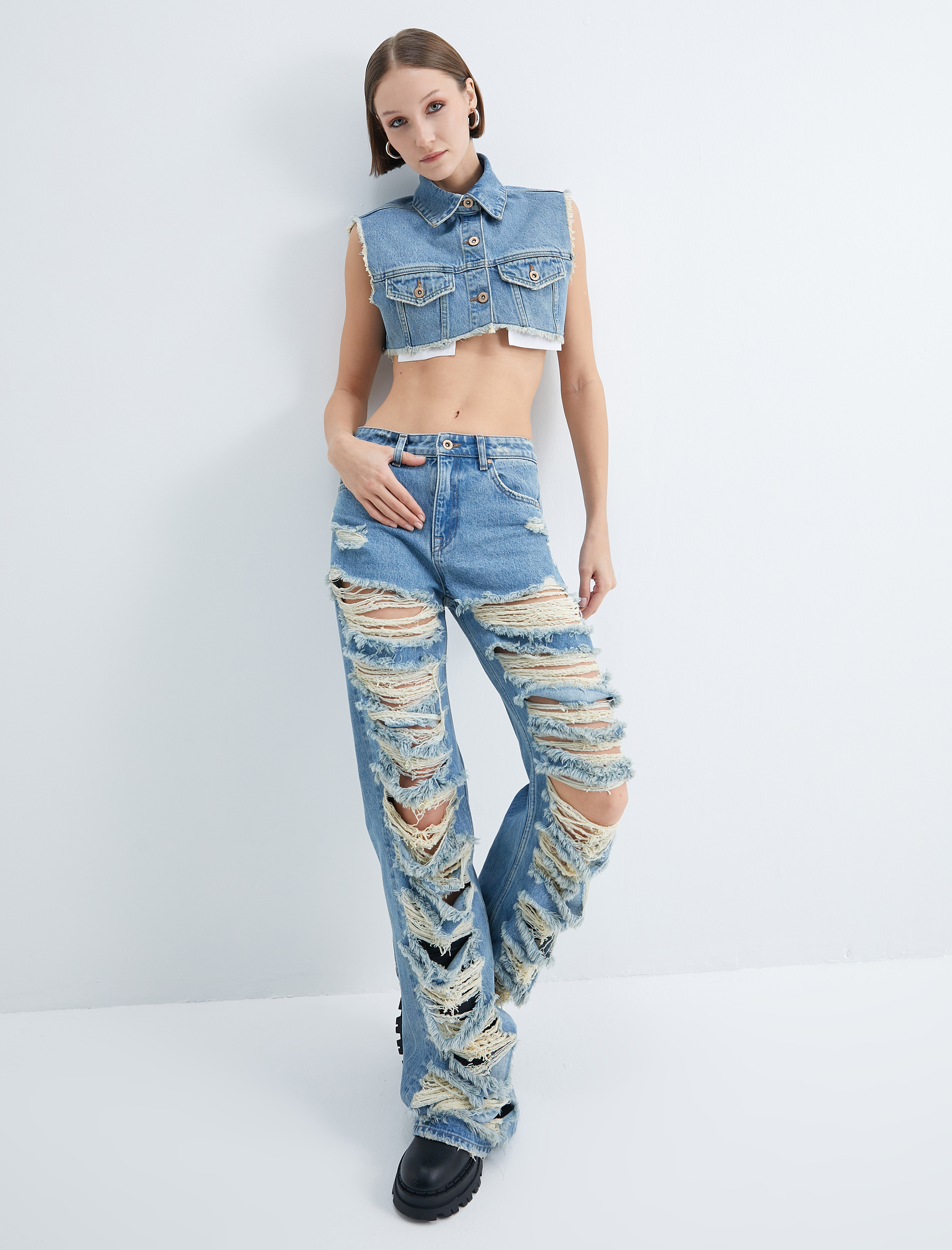   Çok Yıpratmalı Kot Pantolon Düz Paça Cepli Pamuklu - Nora Straight Jeans