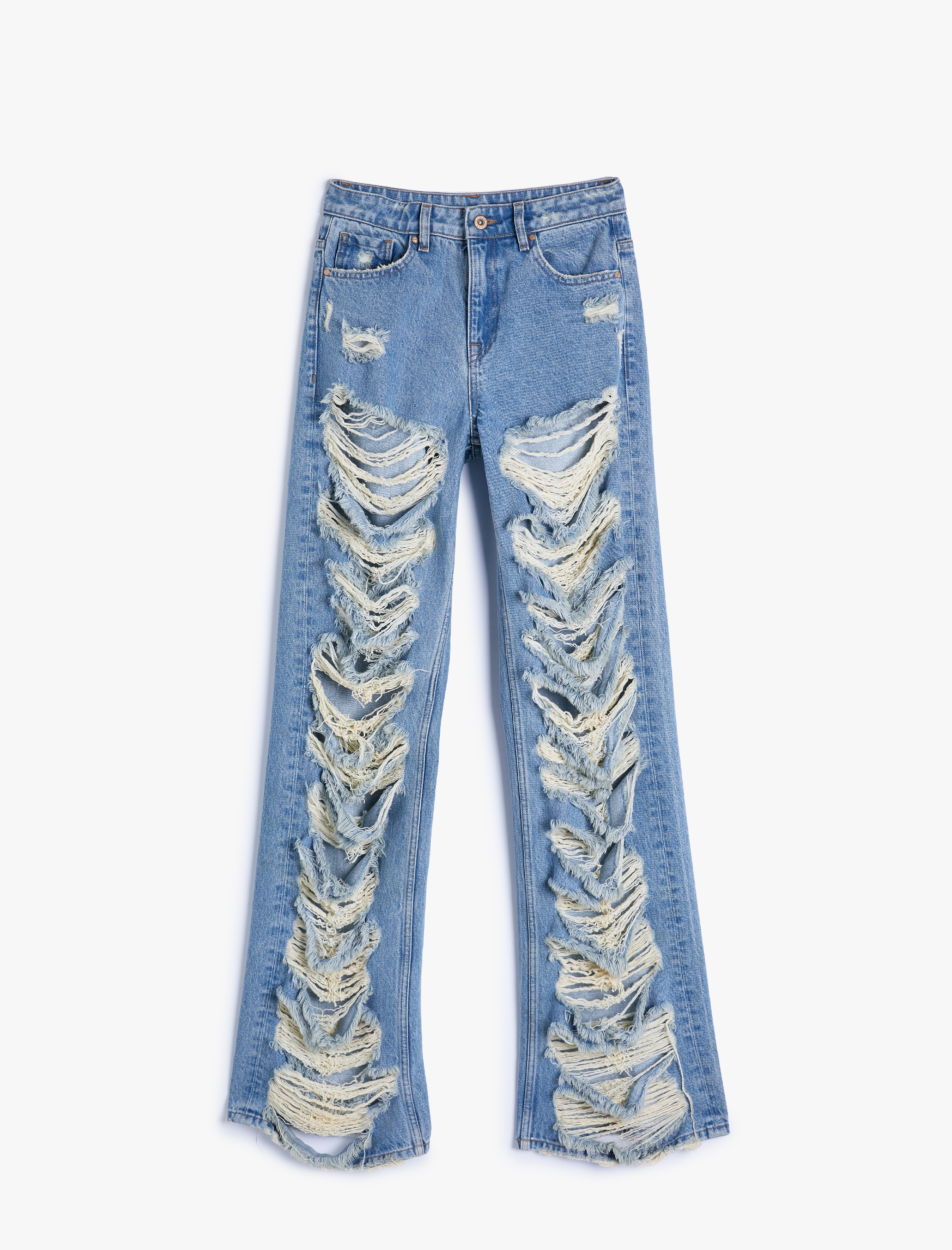   Çok Yıpratmalı Kot Pantolon Düz Paça Cepli Pamuklu - Nora Straight Jeans