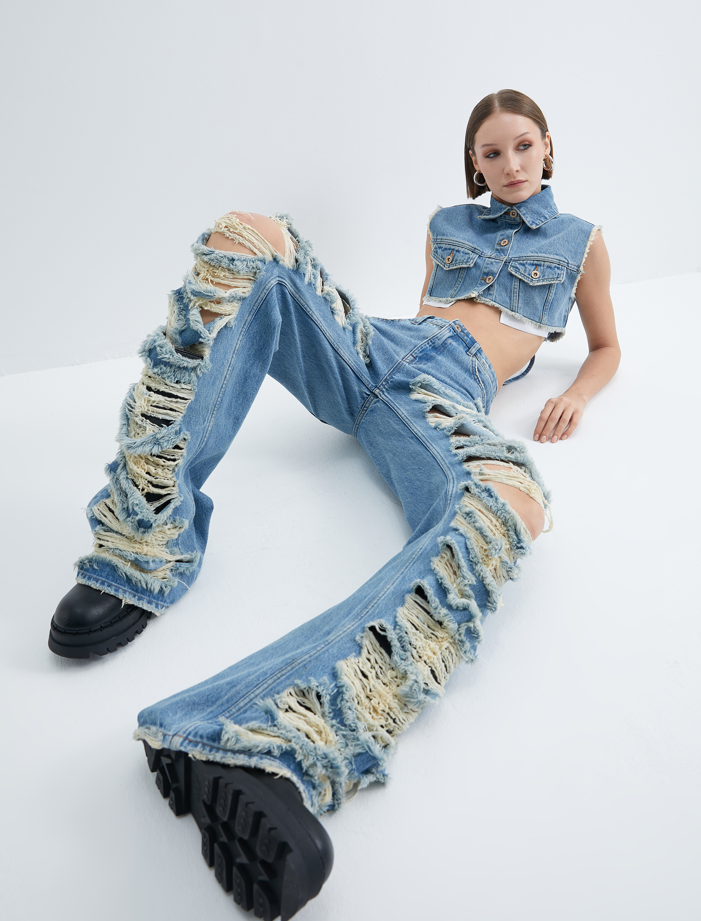   Çok Yıpratmalı Kot Pantolon Düz Paça Cepli Pamuklu - Nora Straight Jeans