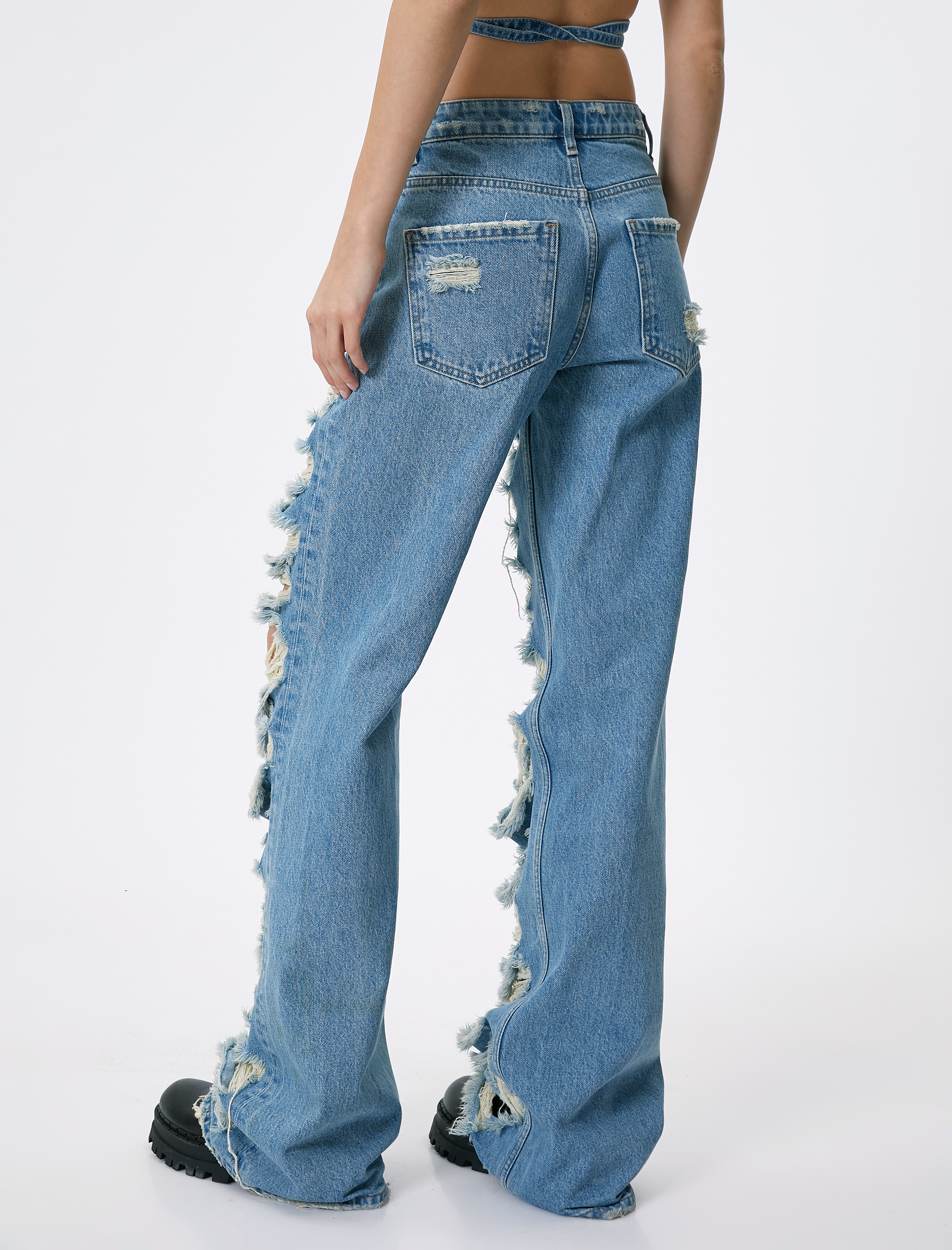   Çok Yıpratmalı Kot Pantolon Düz Paça Cepli Pamuklu - Nora Straight Jeans