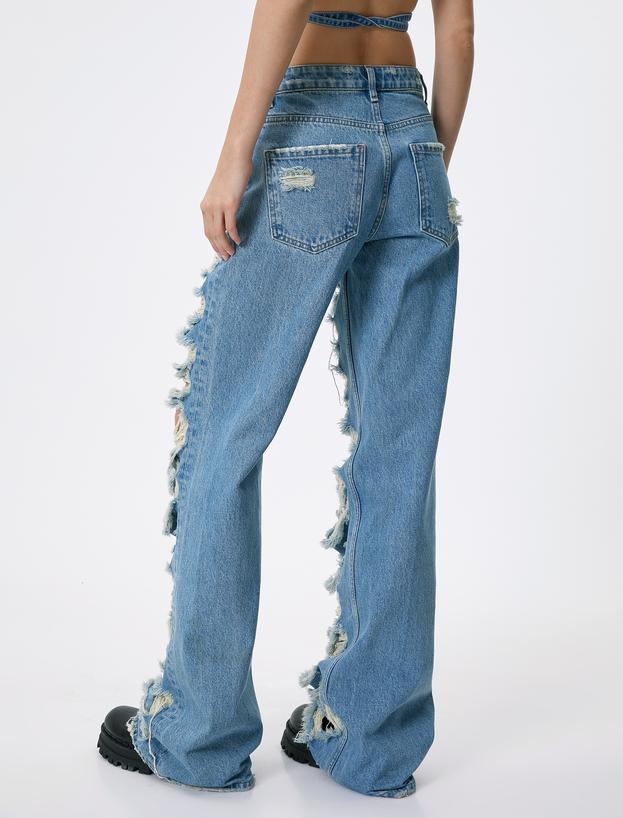 Çok Yıpratmalı Kot Pantolon Düz Paça Cepli Pamuklu - Nora Straight Jeans_5