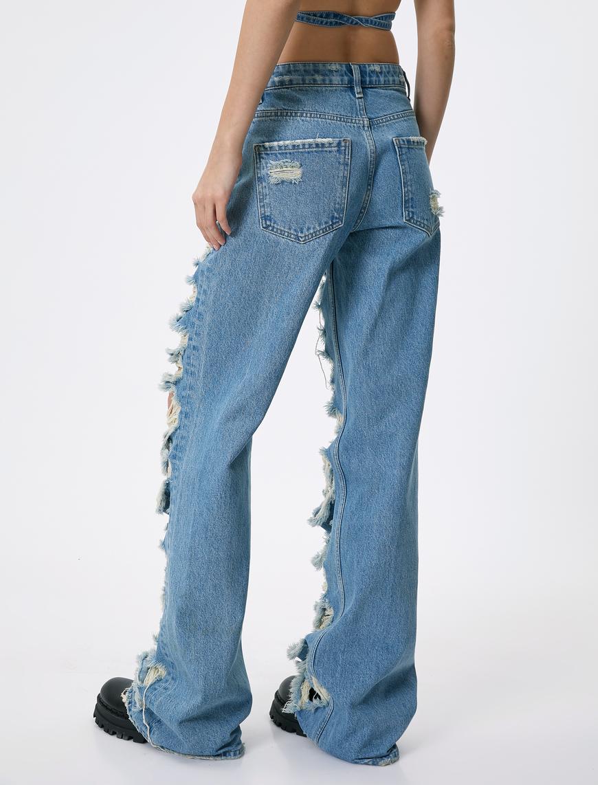   Çok Yıpratmalı Kot Pantolon Düz Paça Cepli Pamuklu - Nora Straight Jeans