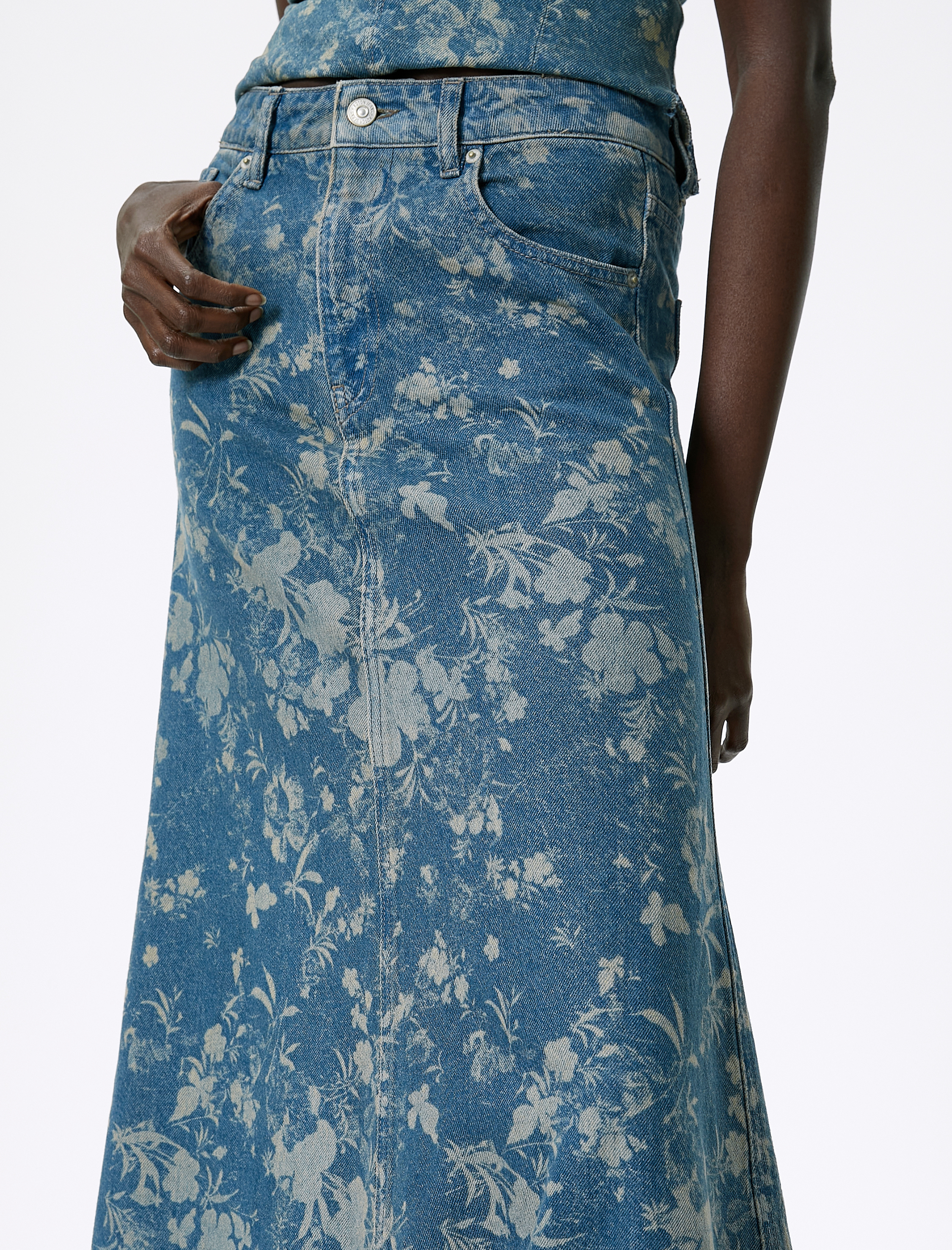   Uzun Kot Etek Çiçekli Lazer Baskılı Standart Bel A Kesim