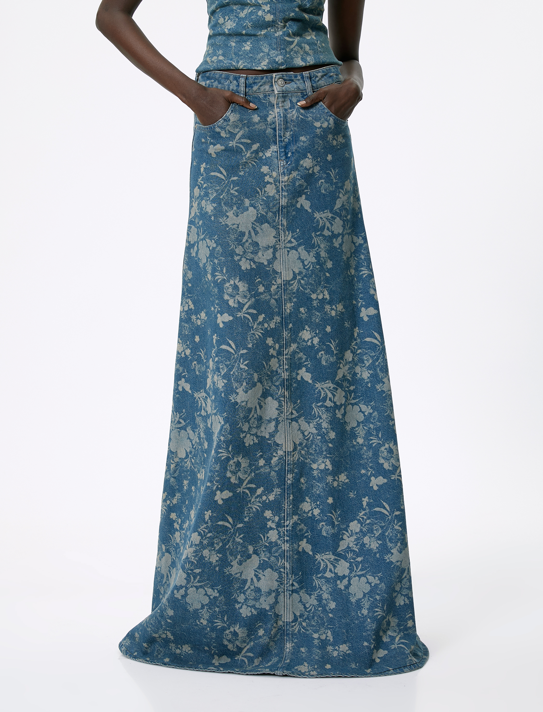   Uzun Kot Etek Çiçekli Lazer Baskılı Standart Bel A Kesim