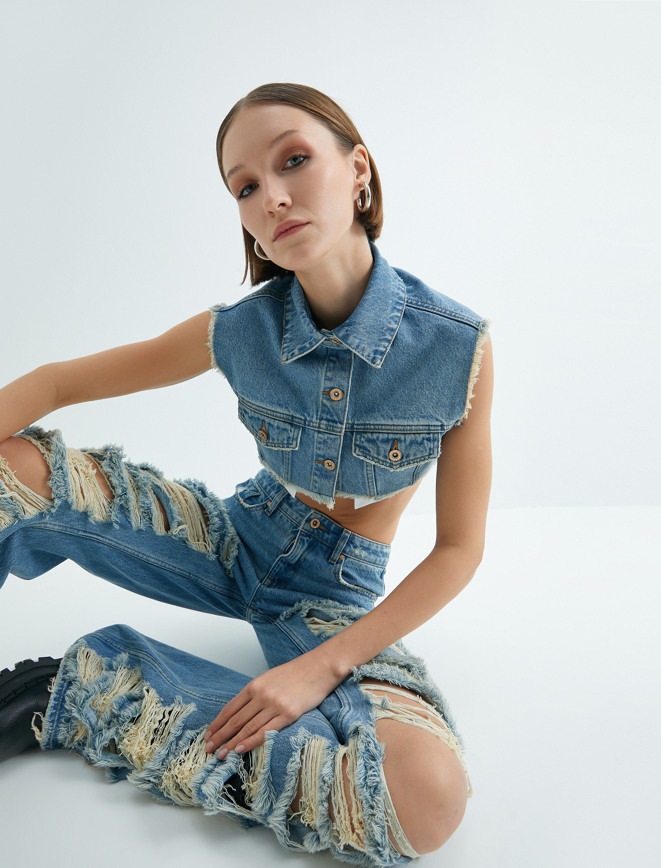 Crop Kot Yelek Gömlek Yaka Düğmeli Cepli