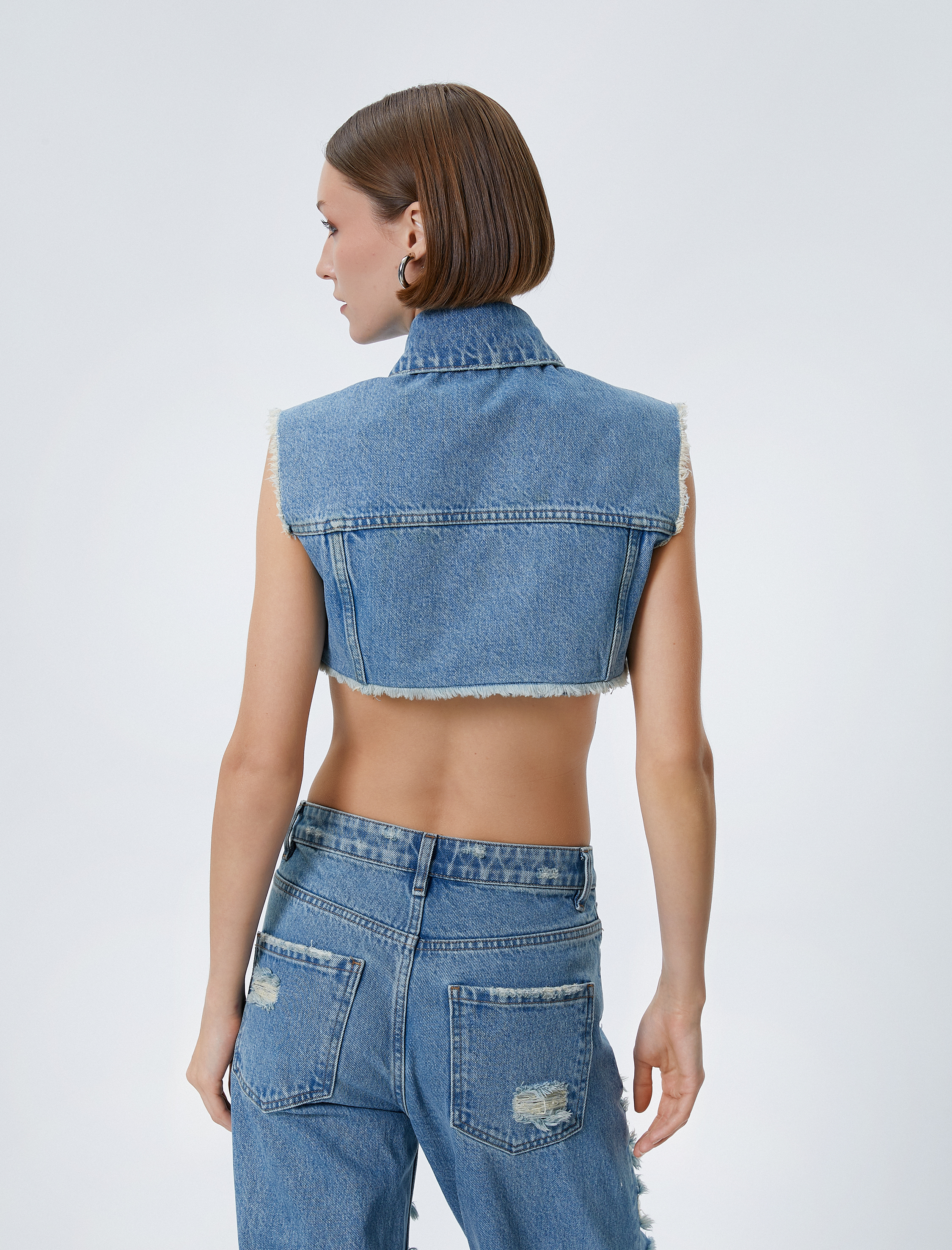 Crop Kot Yelek Gömlek Yaka Düğmeli Cepli