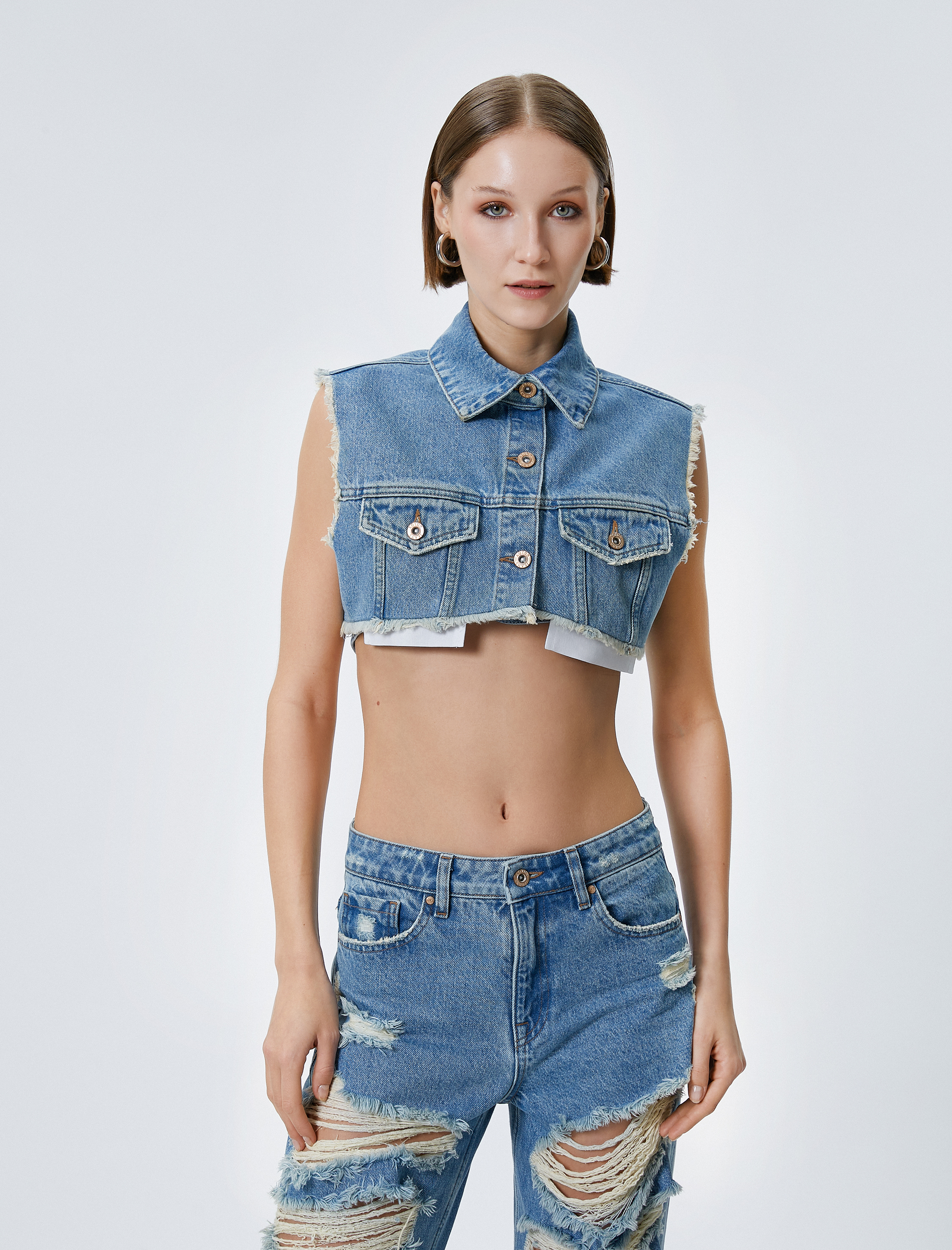 Crop Kot Yelek Gömlek Yaka Düğmeli Cepli