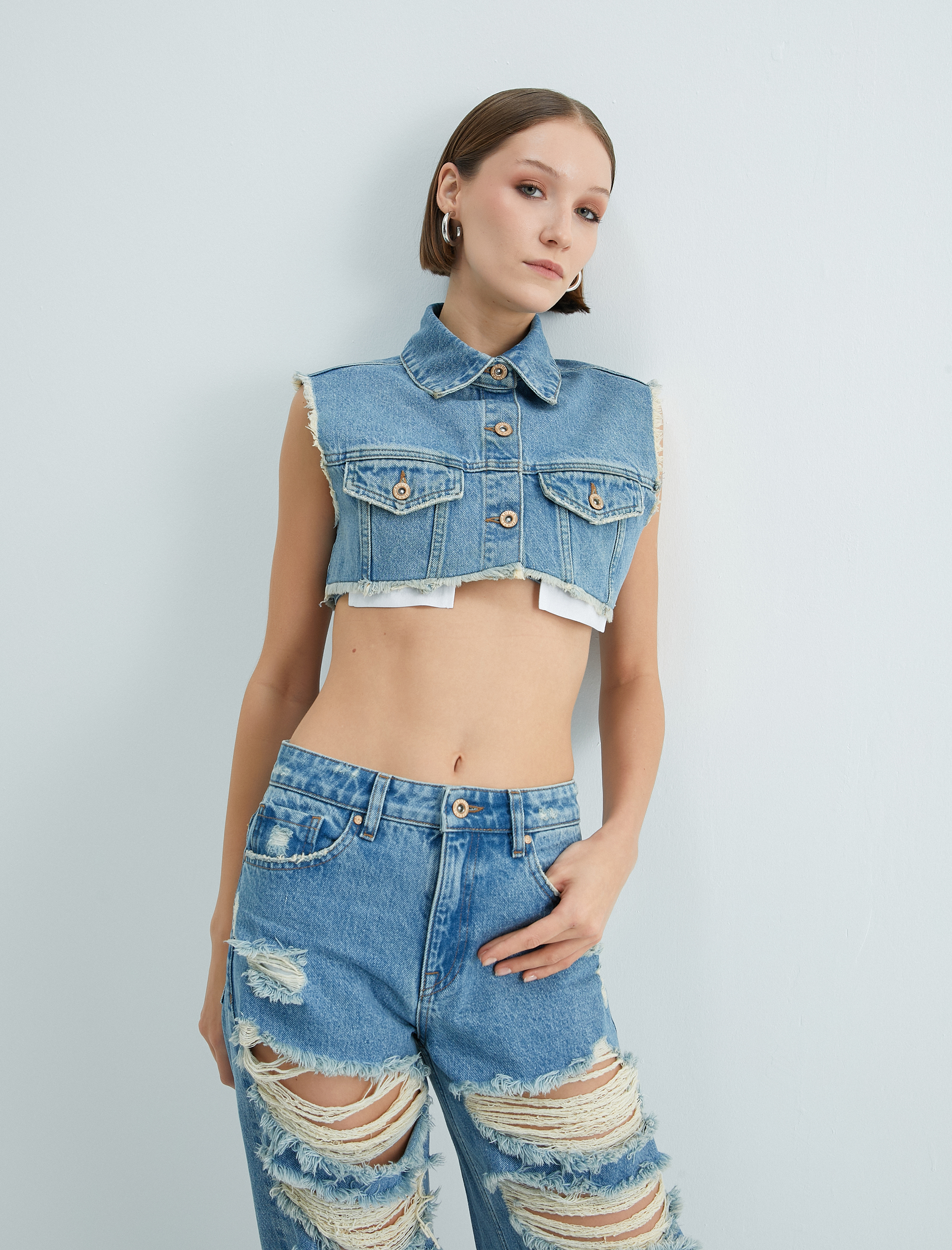 Crop Kot Yelek Gömlek Yaka Düğmeli Cepli