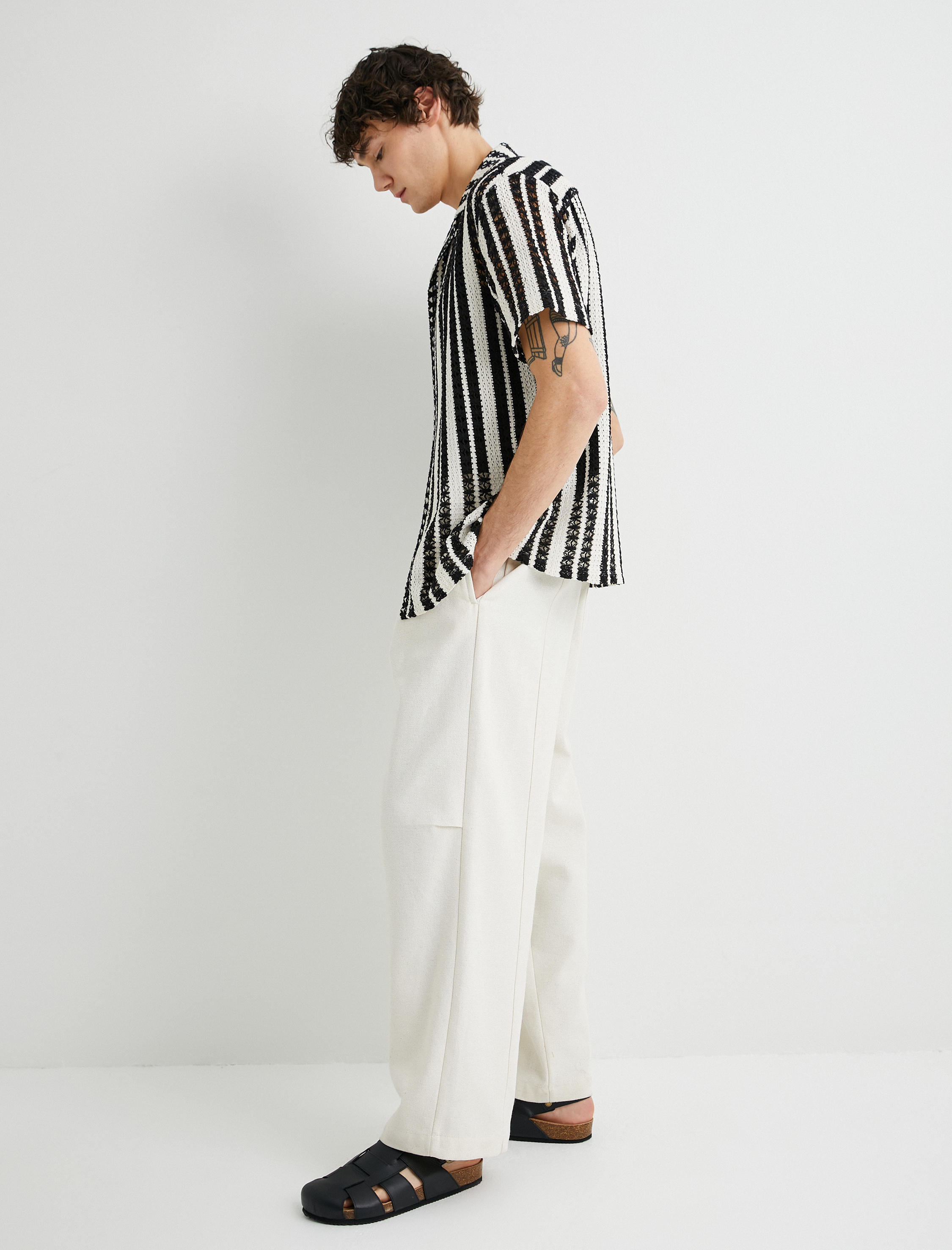   Bol Pantolon Kumaş Chino Beli Lastikli Rahat Kesim Cep Detaylı Keten Karışımlı