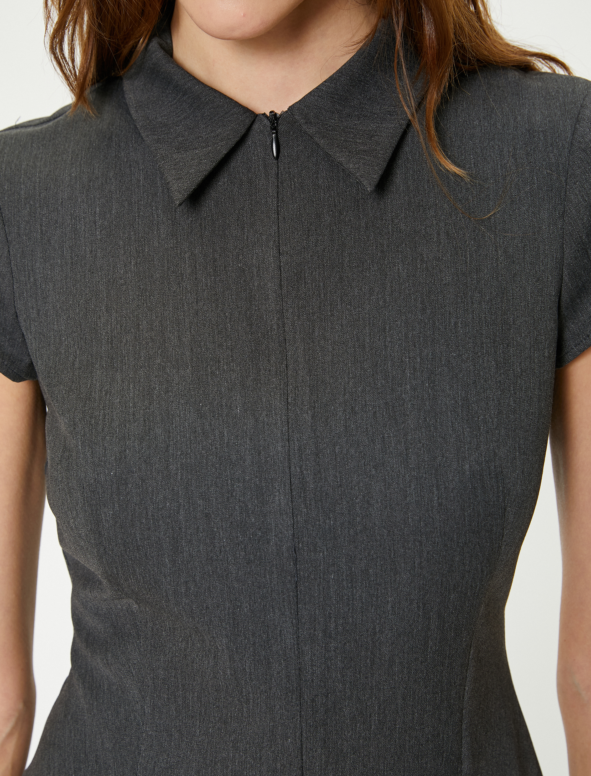   Gömlek Yaka Elbise Pile Detaylı Kısa Kollu