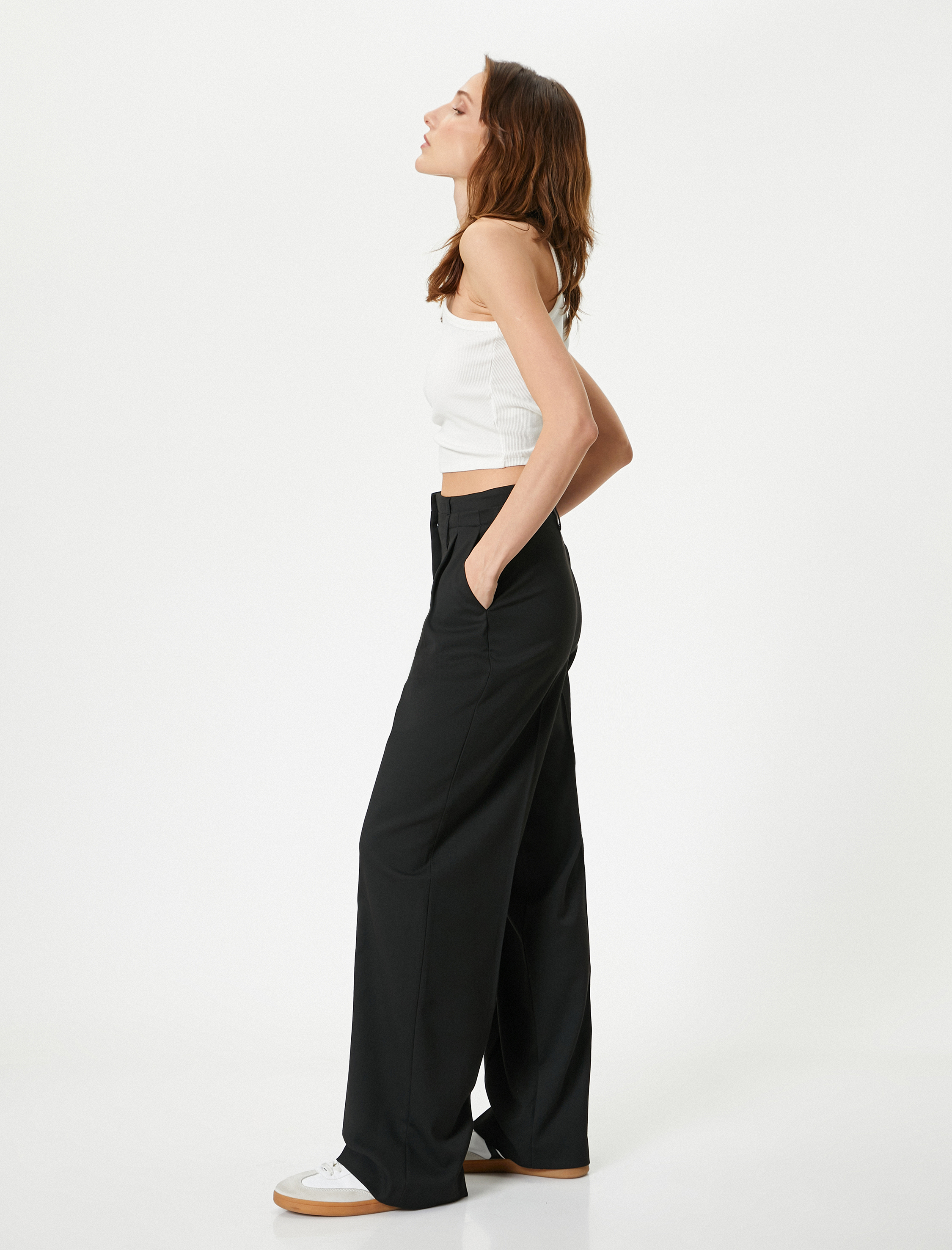   Geniş Paça Kumaş Pantolon Yüksek Bel Cepli Pile Detaylı