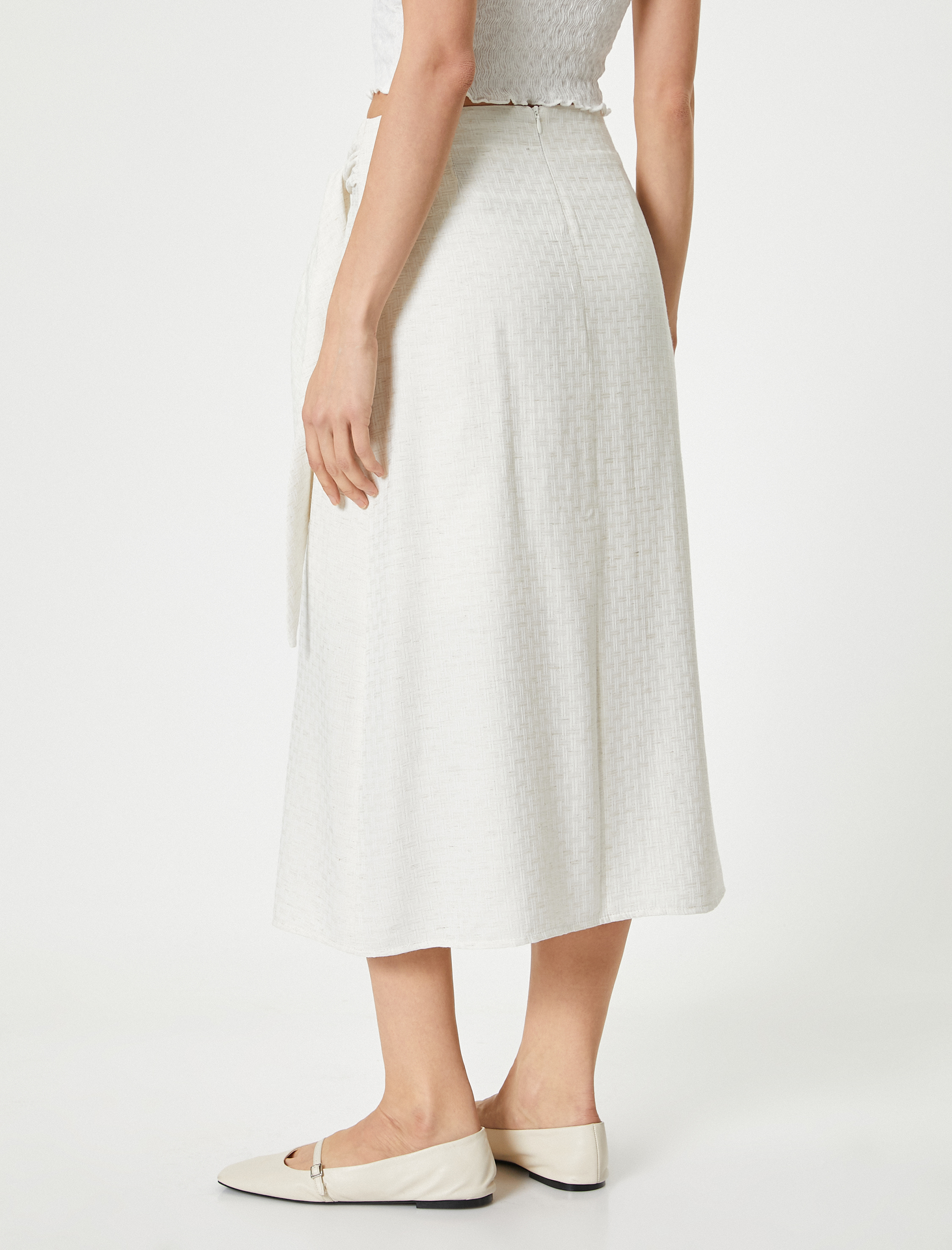   Midi Etek Beli Bağlamalı Keten Karışımlı