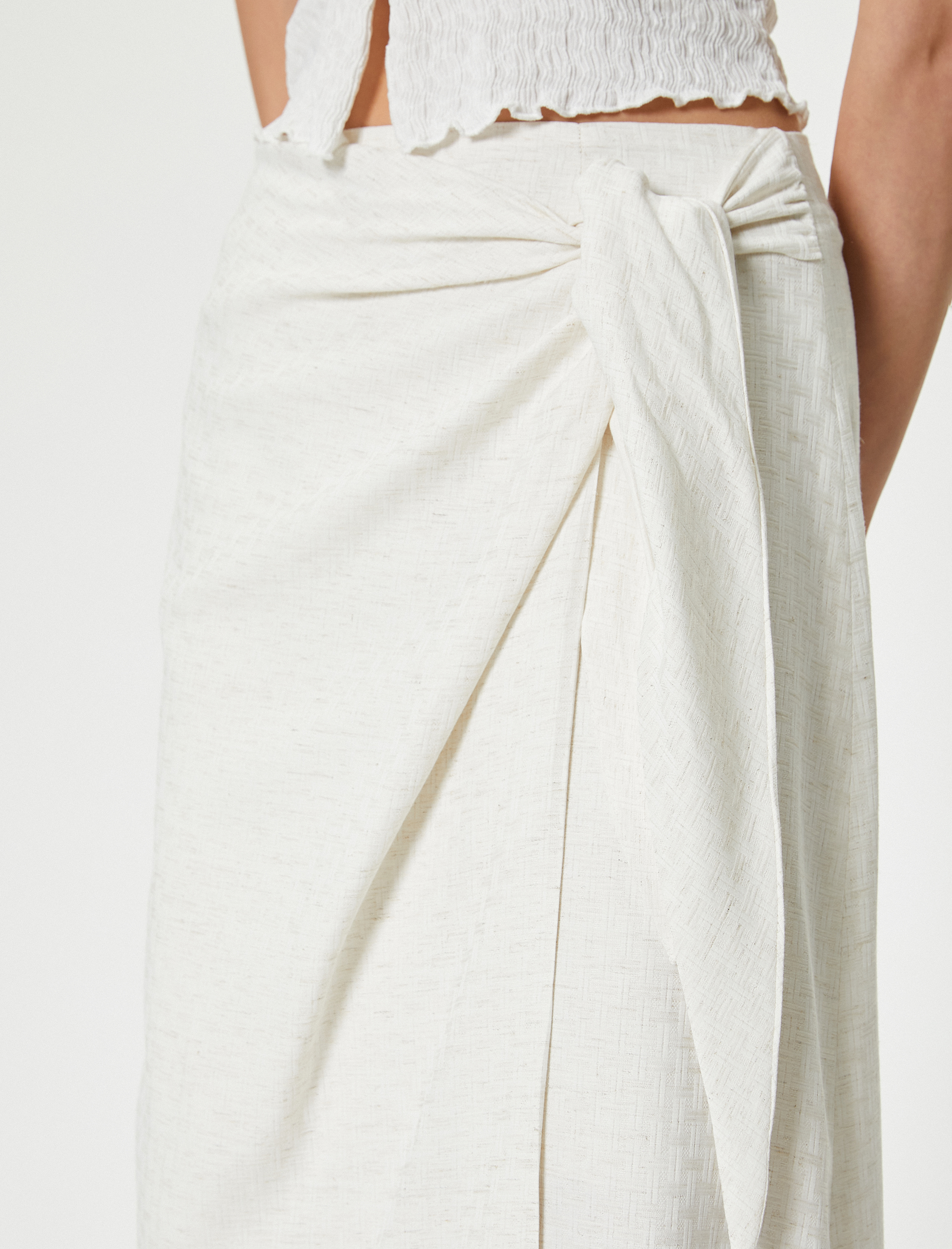   Midi Etek Beli Bağlamalı Keten Karışımlı