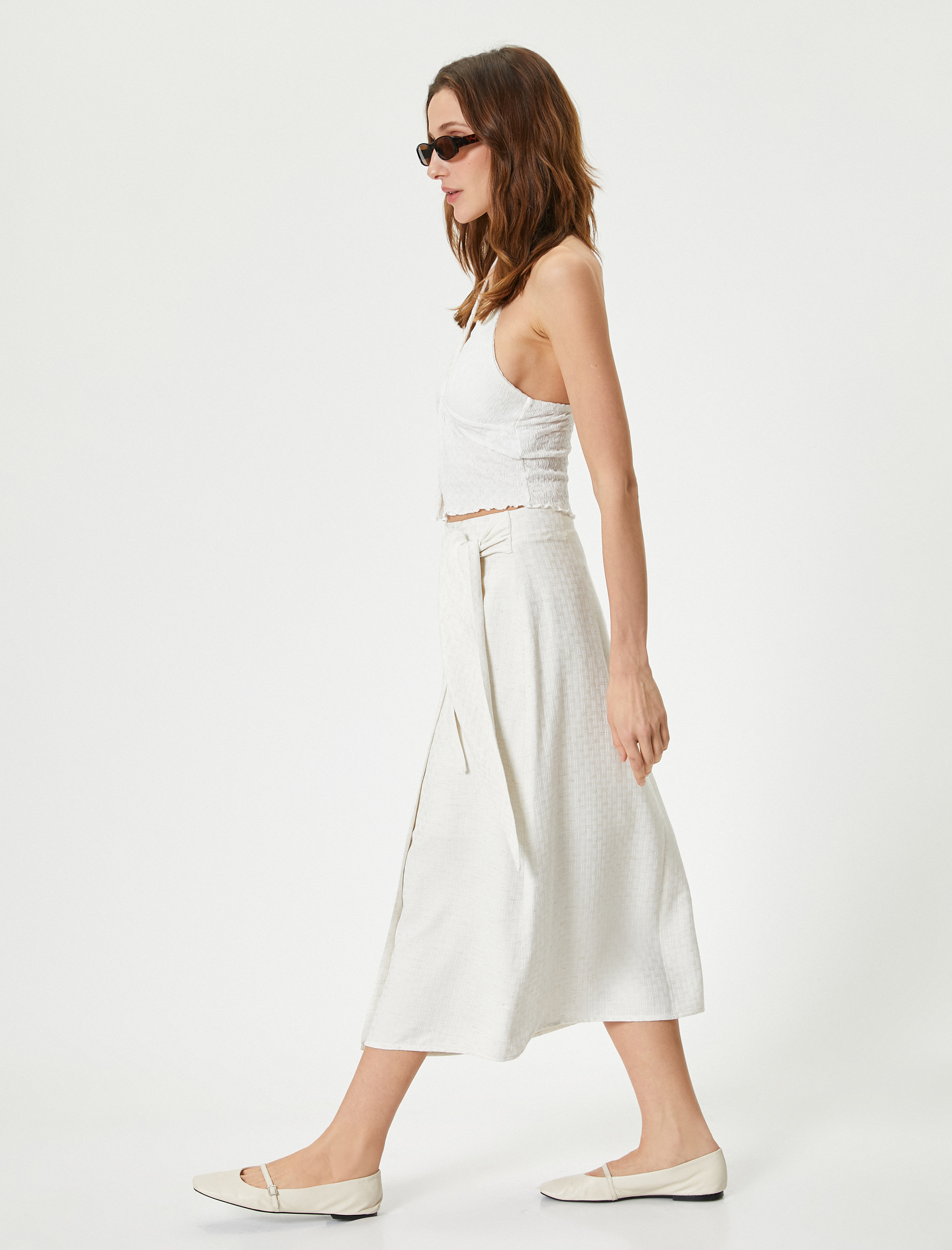   Midi Etek Beli Bağlamalı Keten Karışımlı