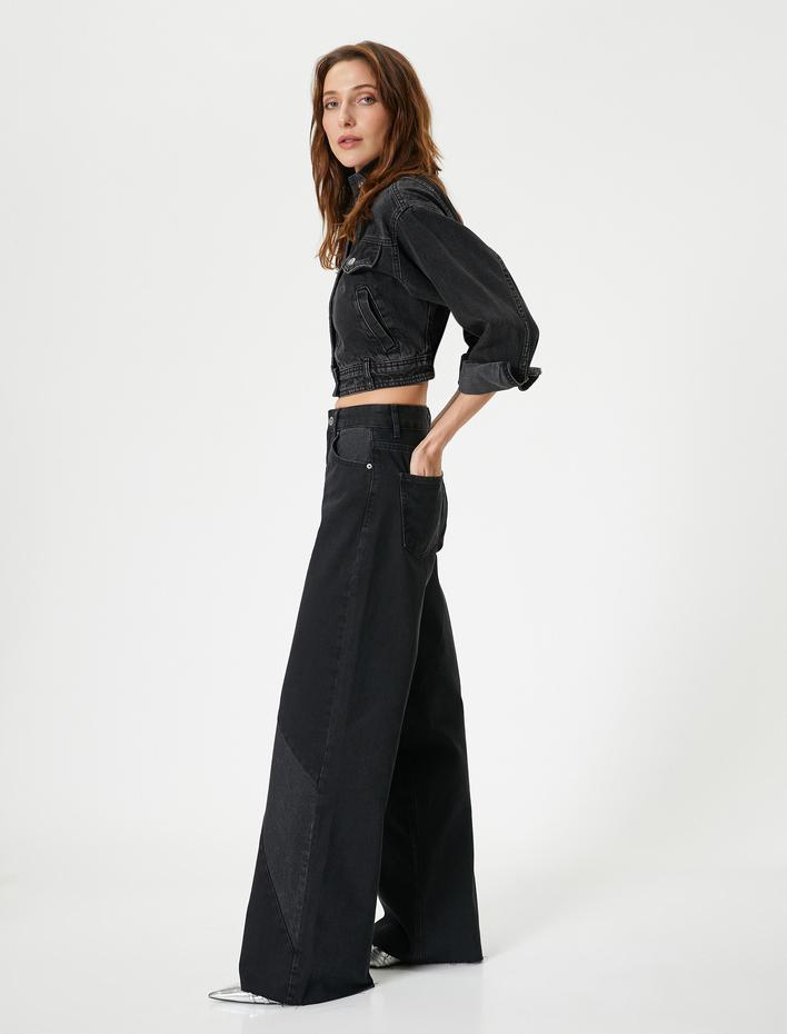  Yüksek Bel Geniş Paça Çift Kumaş Detaylı Kot Pantolon - Wide Leg Jeans