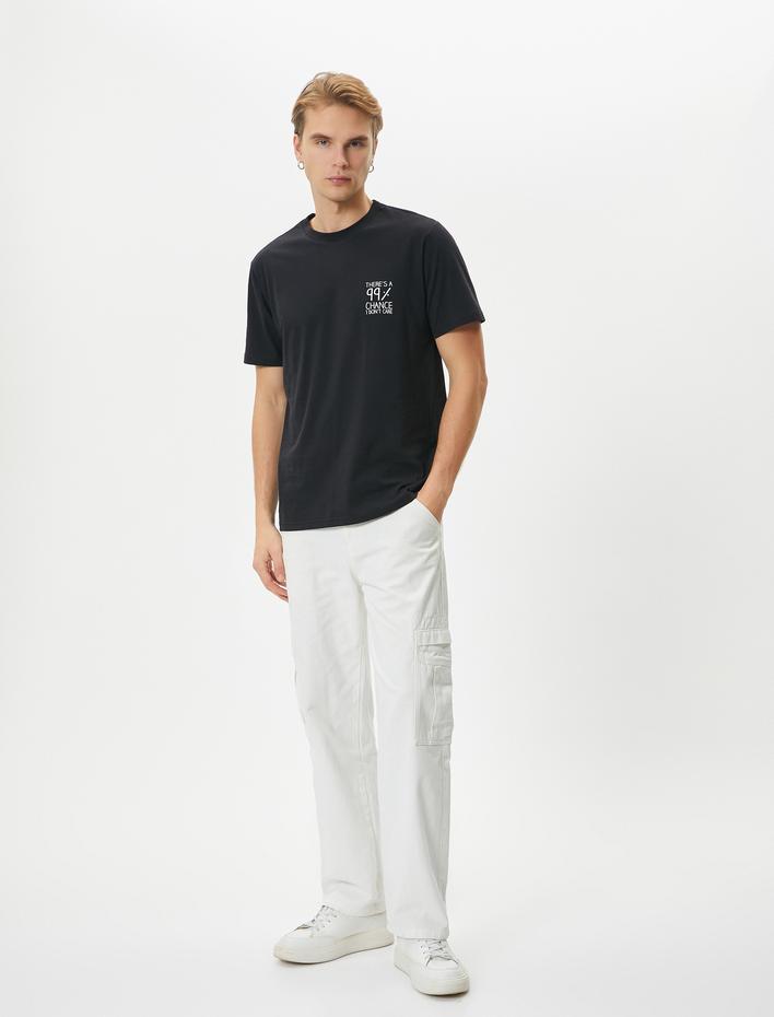  Slogan Baskılı Tişört Bisiklet Yaka Kısa Kollu Pamuklu