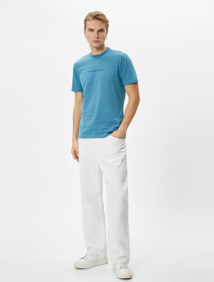  Slogan Baskılı Tişört Slim Fit Bisiklet Yaka Kısa Kollu Pamuklu