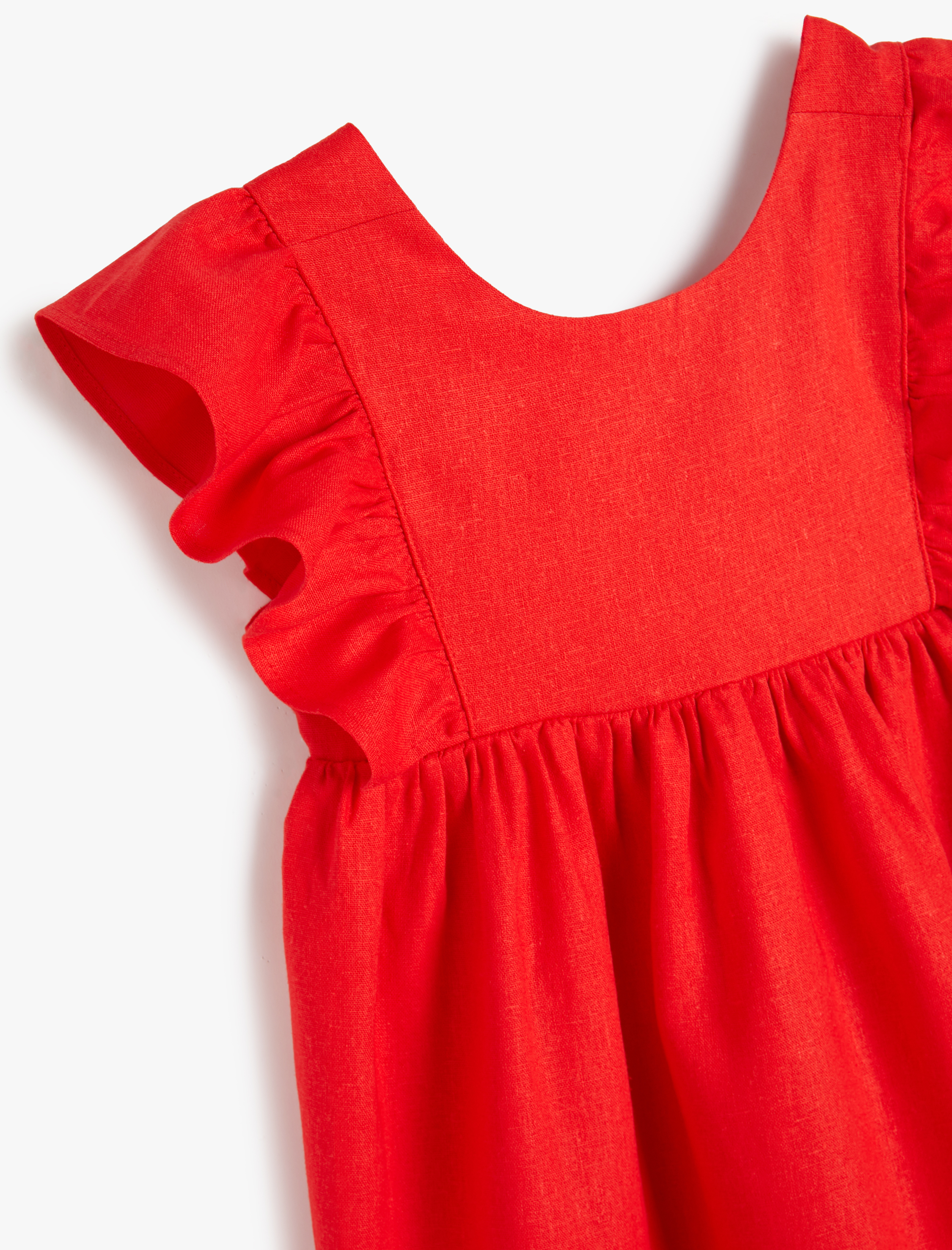  Kız Bebek Elbise Bisiklet Yaka Kısa Kollu Fırfırlı Keten Karışımlı