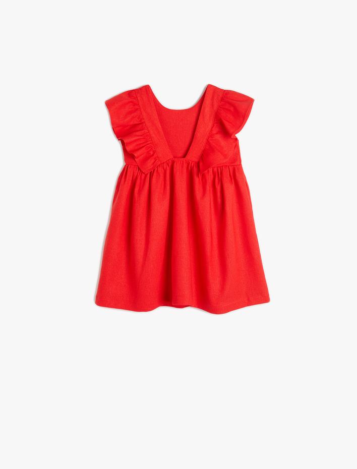 Kız Bebek Elbise Bisiklet Yaka Kısa Kollu Fırfırlı Keten Karışımlı