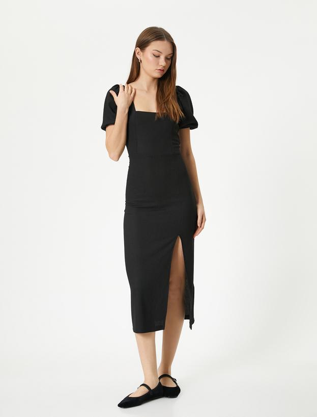 Balon Kol Elbise Midi Yırtmaç Detaylı Kısa Kollu Slim Fit_1