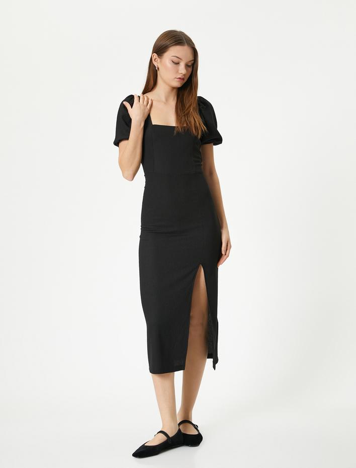  Balon Kol Elbise Midi Yırtmaç Detaylı Kısa Kollu Slim Fit Bürümcük