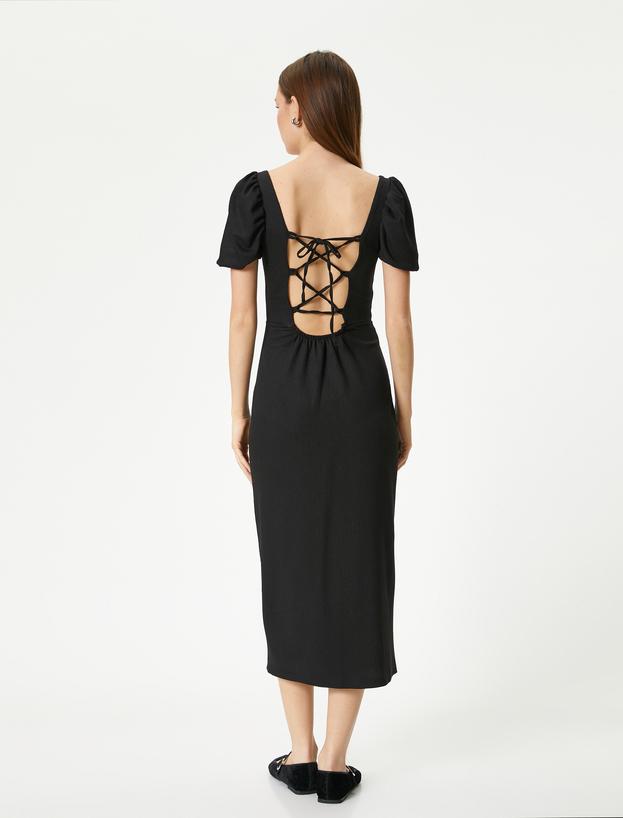 Balon Kol Elbise Midi Yırtmaç Detaylı Kısa Kollu Slim Fit_3