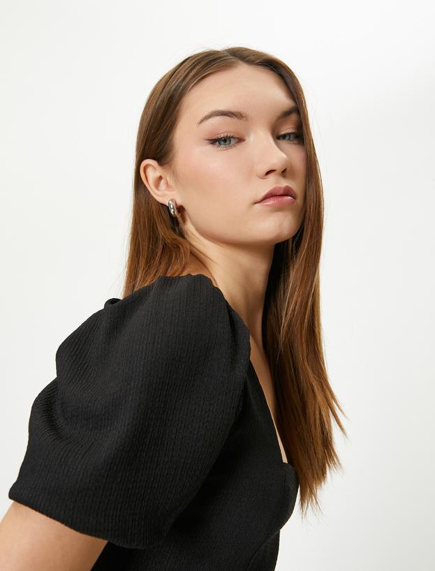 Balon Kol Elbise Midi Yırtmaç Detaylı Kısa Kollu Slim Fit_0