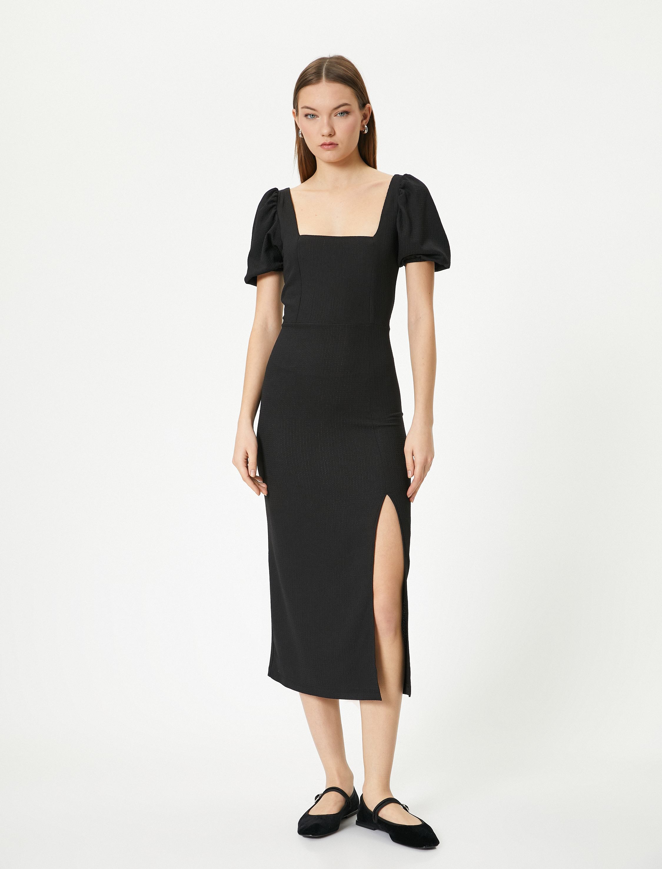   Balon Kol Elbise Midi Yırtmaç Detaylı Kısa Kollu Slim Fit Bürümcük