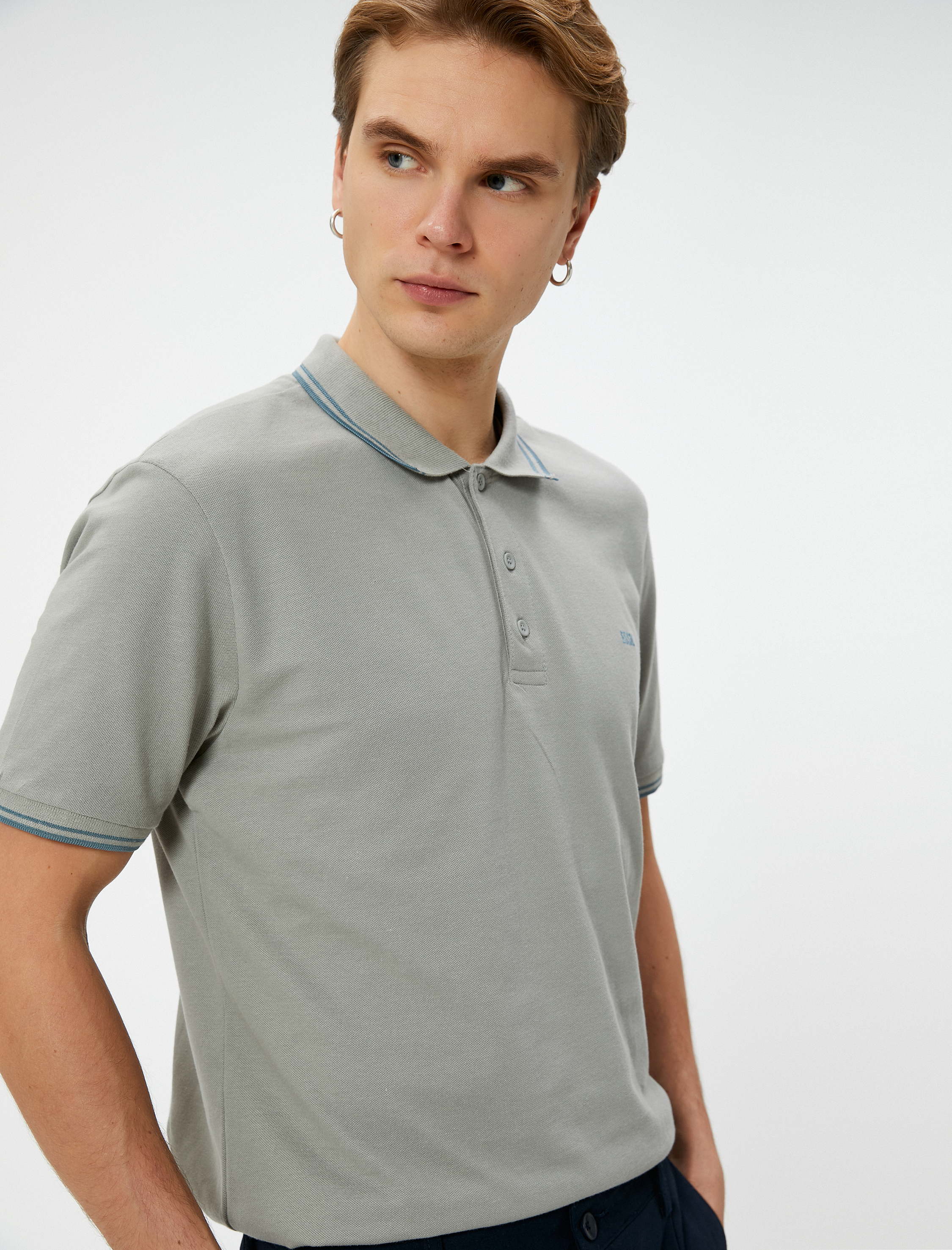   Polo Yaka Tişört Düğmeli Kısa Kollu Sloganlı Biyeli