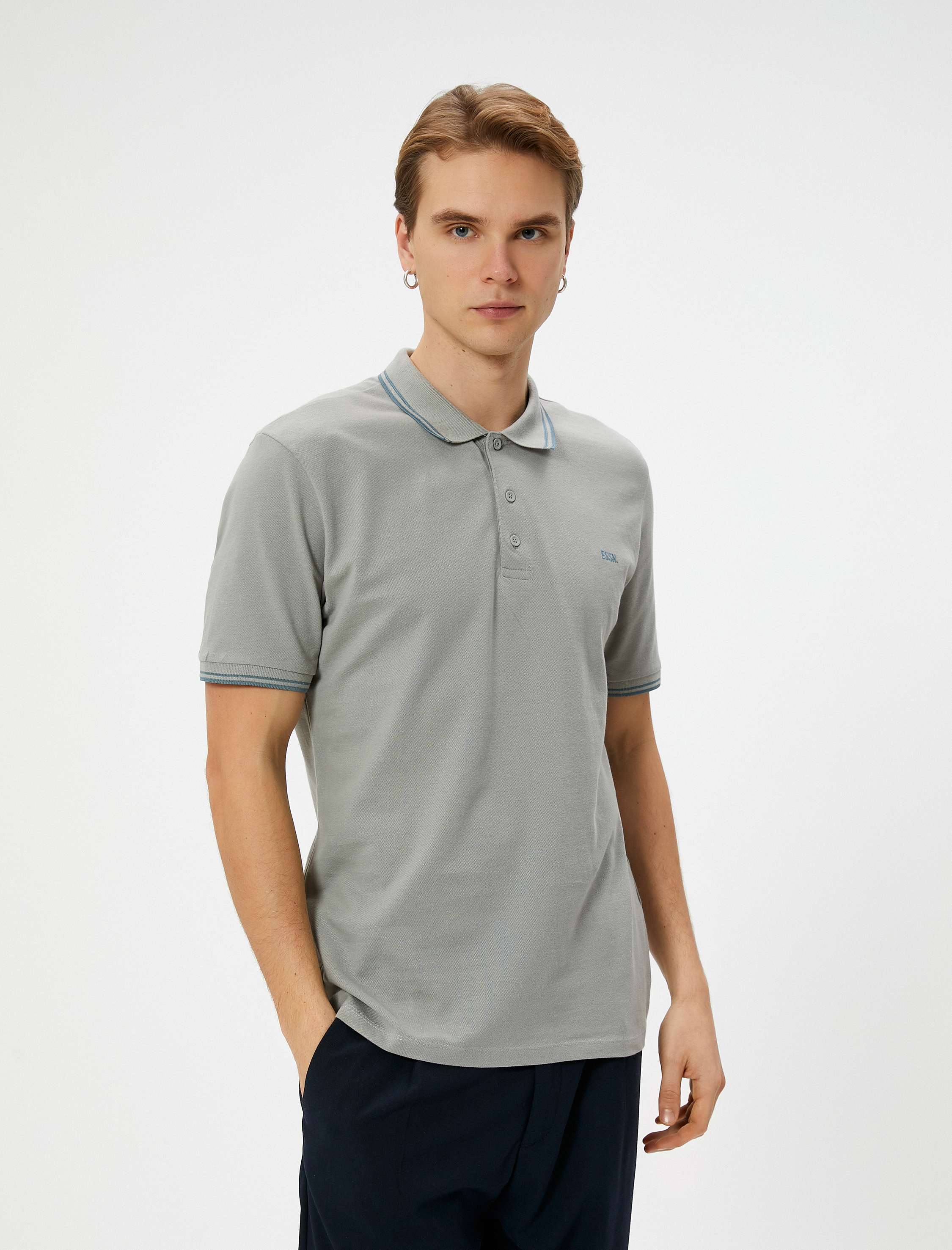   Polo Yaka Tişört Düğmeli Kısa Kollu Sloganlı Biyeli