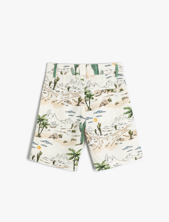 Erkek Çocuk Keten Şort Palmiye Baskılı Cepli Standart Bel Beli Ayarlanabilir Lastikli