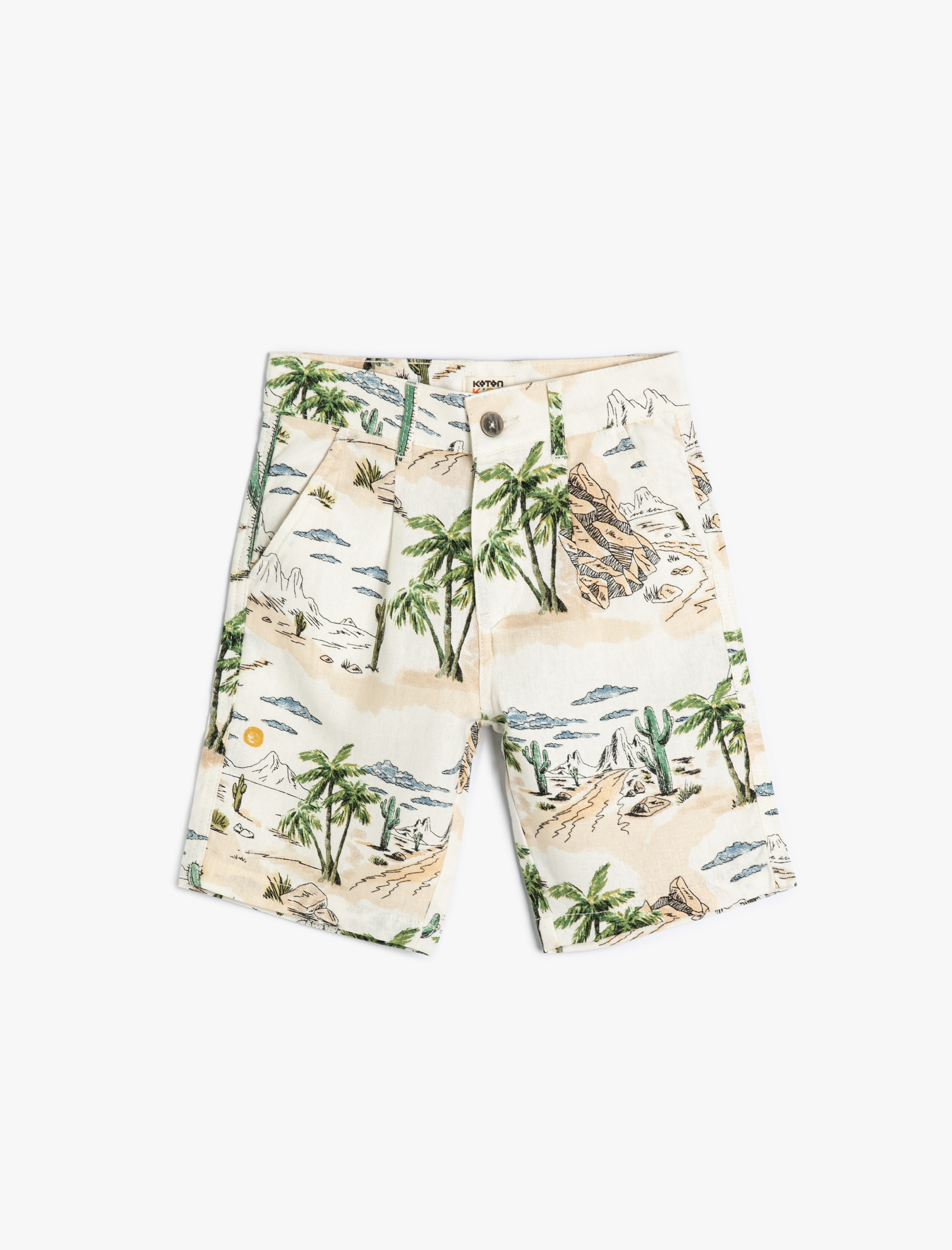  Erkek Çocuk Keten Şort Palmiye Baskılı Cepli Standart Bel Beli Ayarlanabilir Lastikli