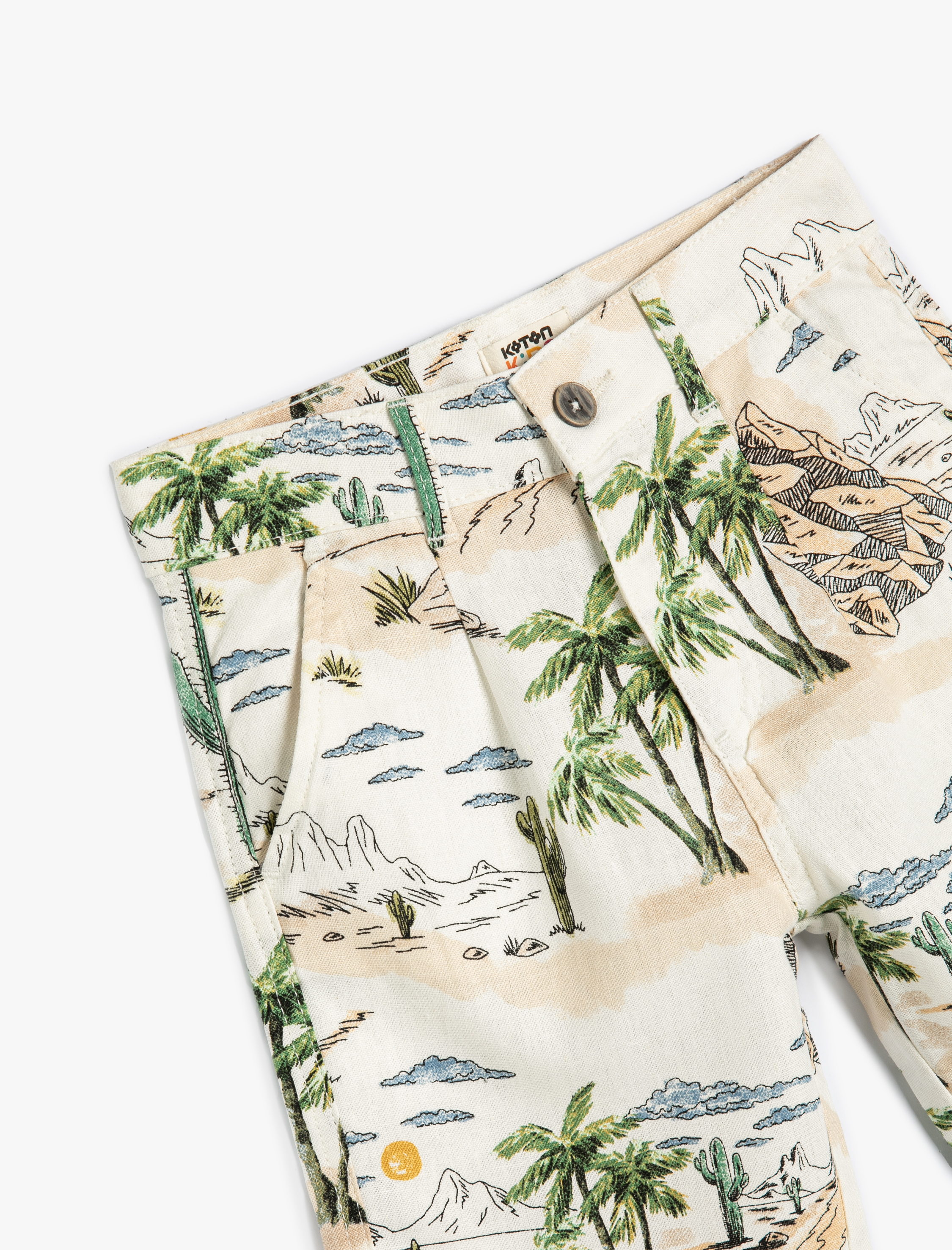  Erkek Çocuk Keten Şort Palmiye Baskılı Cepli Standart Bel Beli Ayarlanabilir Lastikli