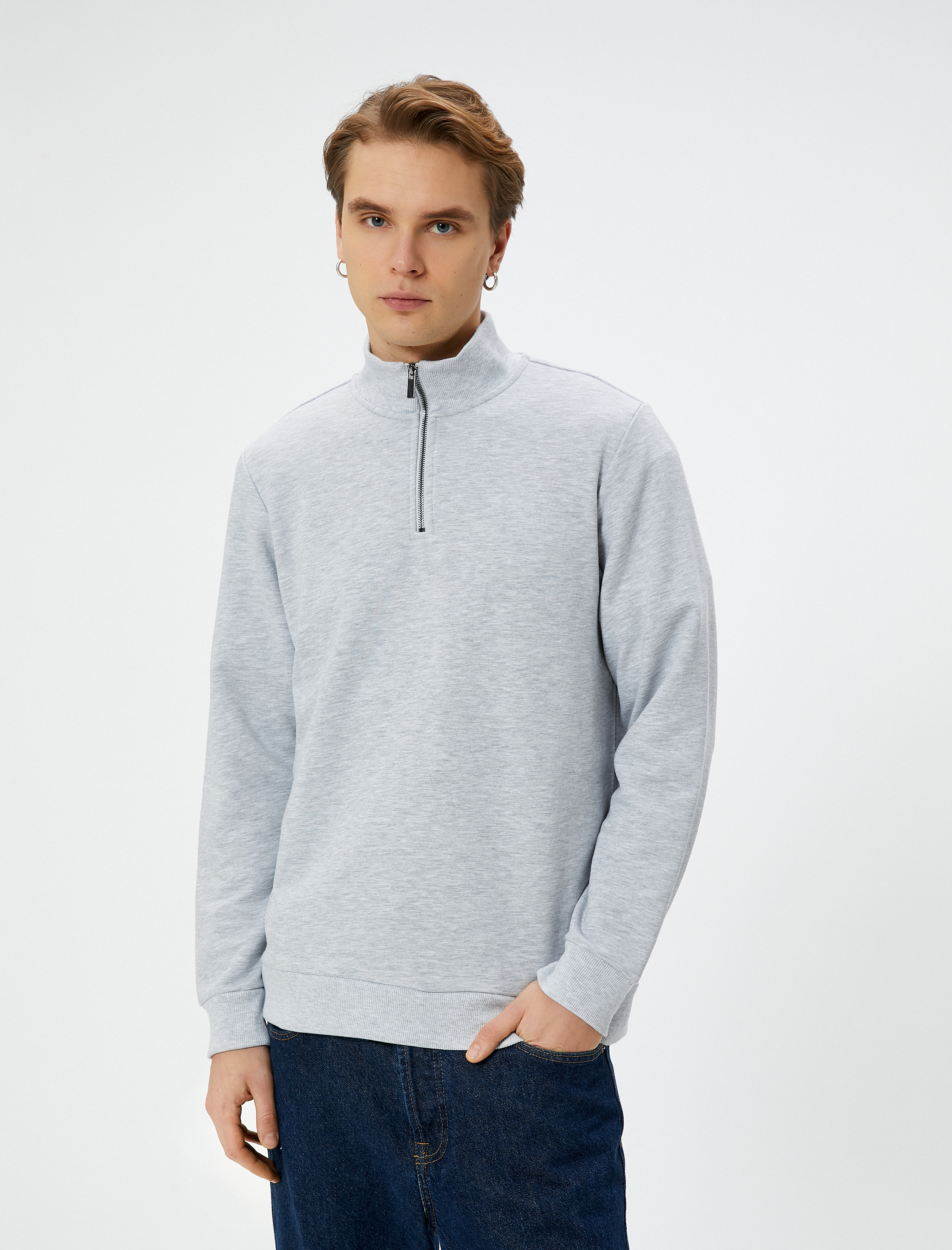   Yarım Fermuarlı Sweatshirt Şardonlu Uzun Kollu