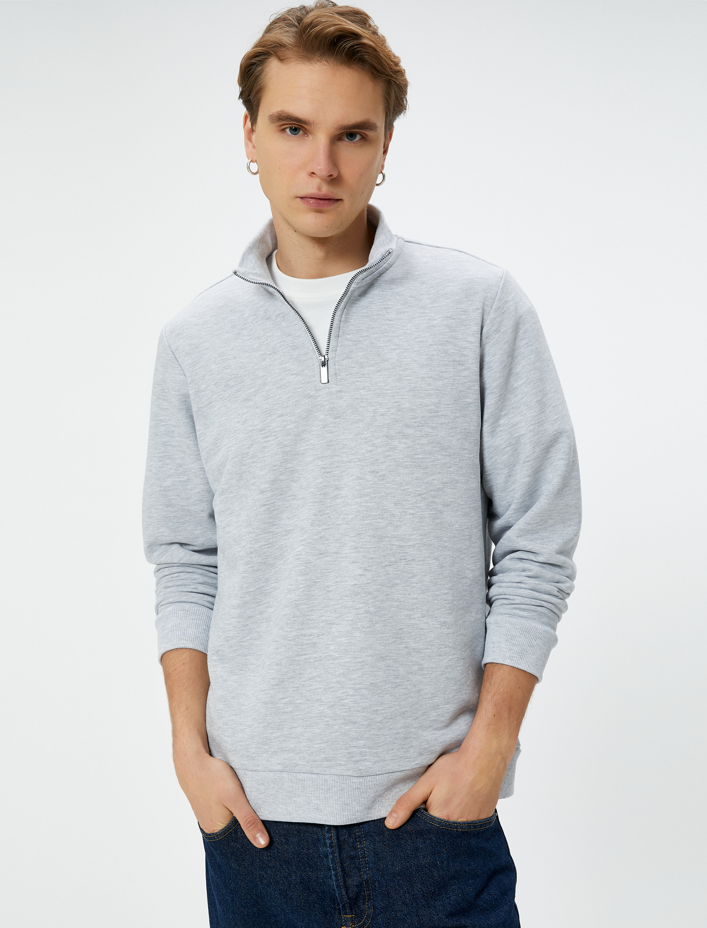   Yarım Fermuarlı Sweatshirt Şardonlu Uzun Kollu