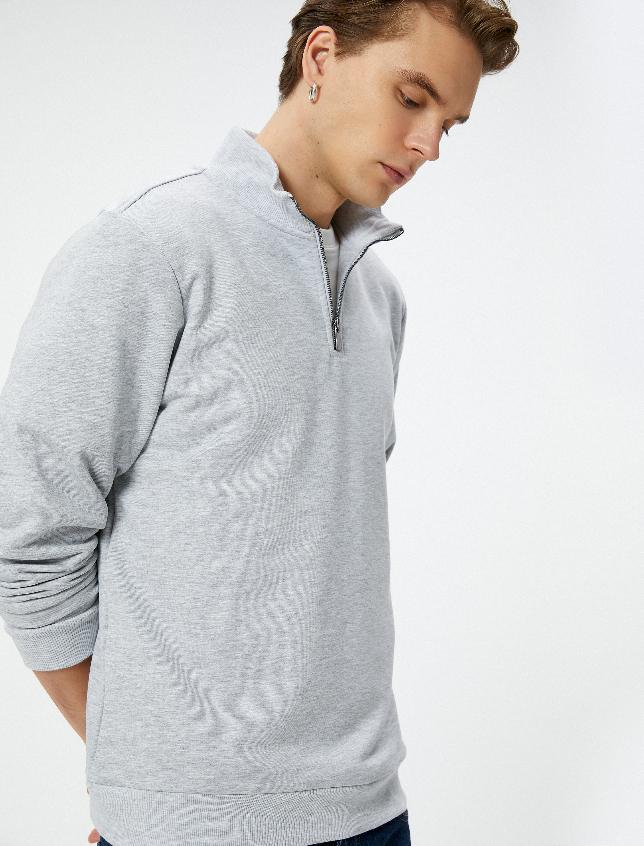   Yarım Fermuarlı Sweatshirt Şardonlu Uzun Kollu